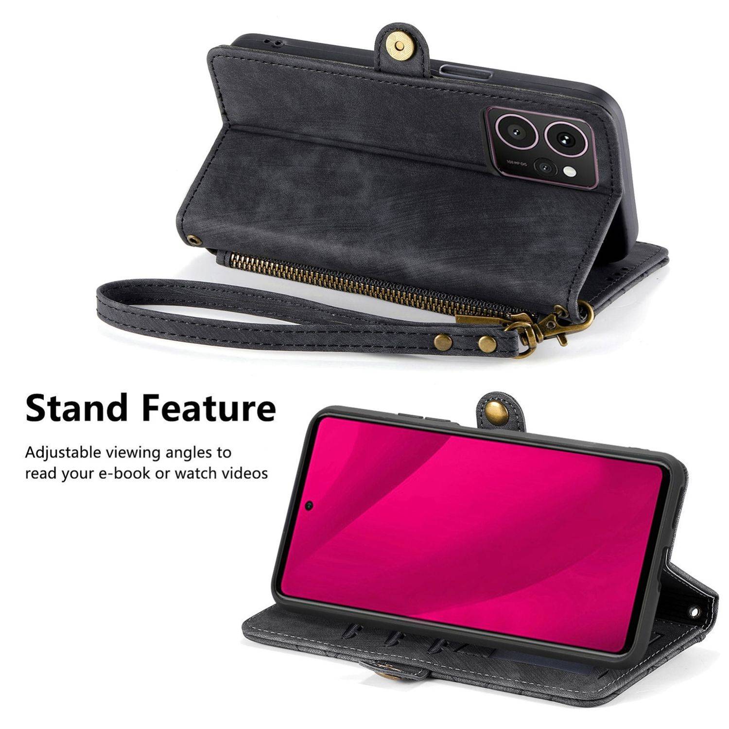 Für HMD Skyline Geometric Design Kunstleder Zipper Book Wallet Tasche mit Schlaufe Schwarz