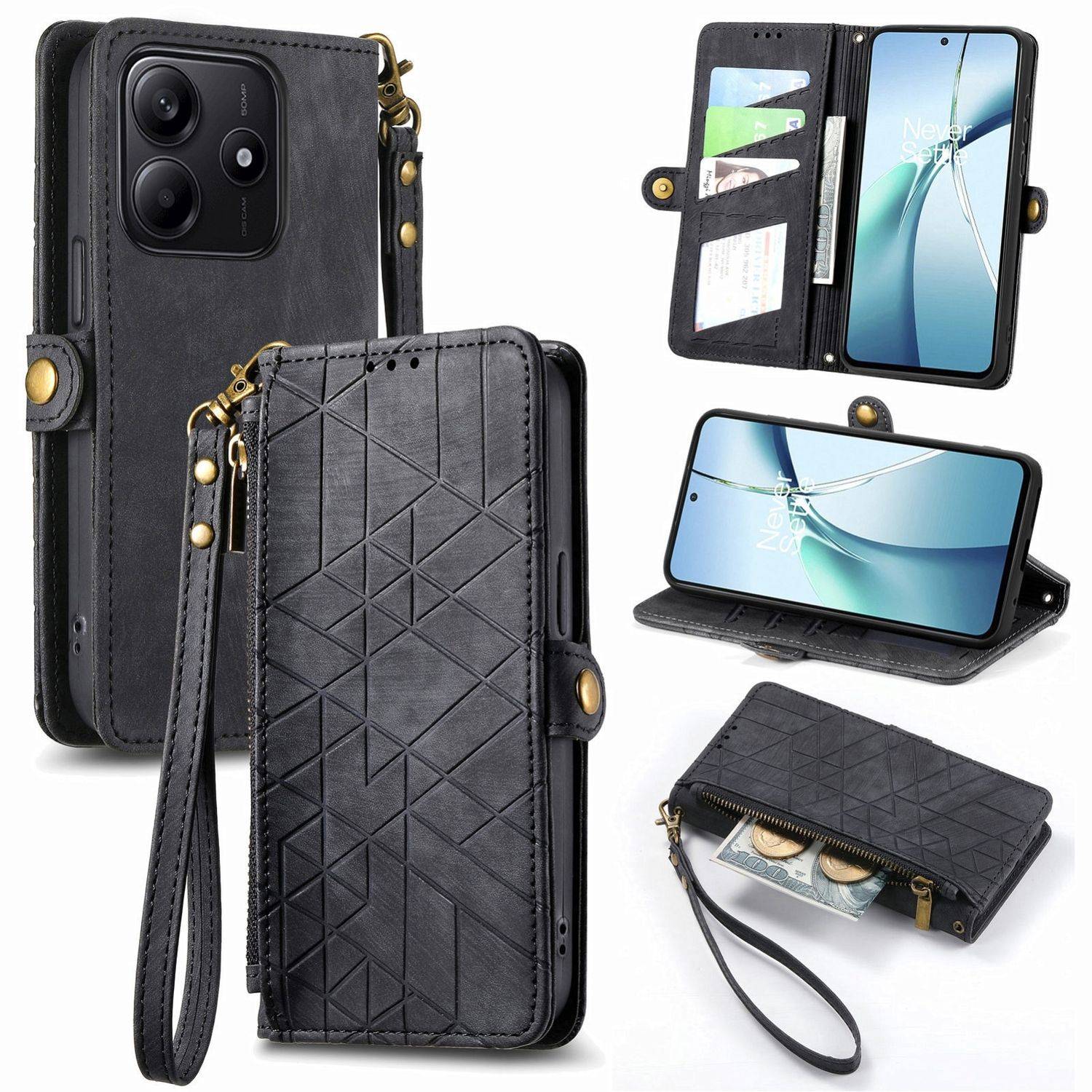 Für Xiaomi Redmi Note 14 5G Geometric Design Kunstleder Zipper Book Wallet Tasche mit Schlaufe Schwarz