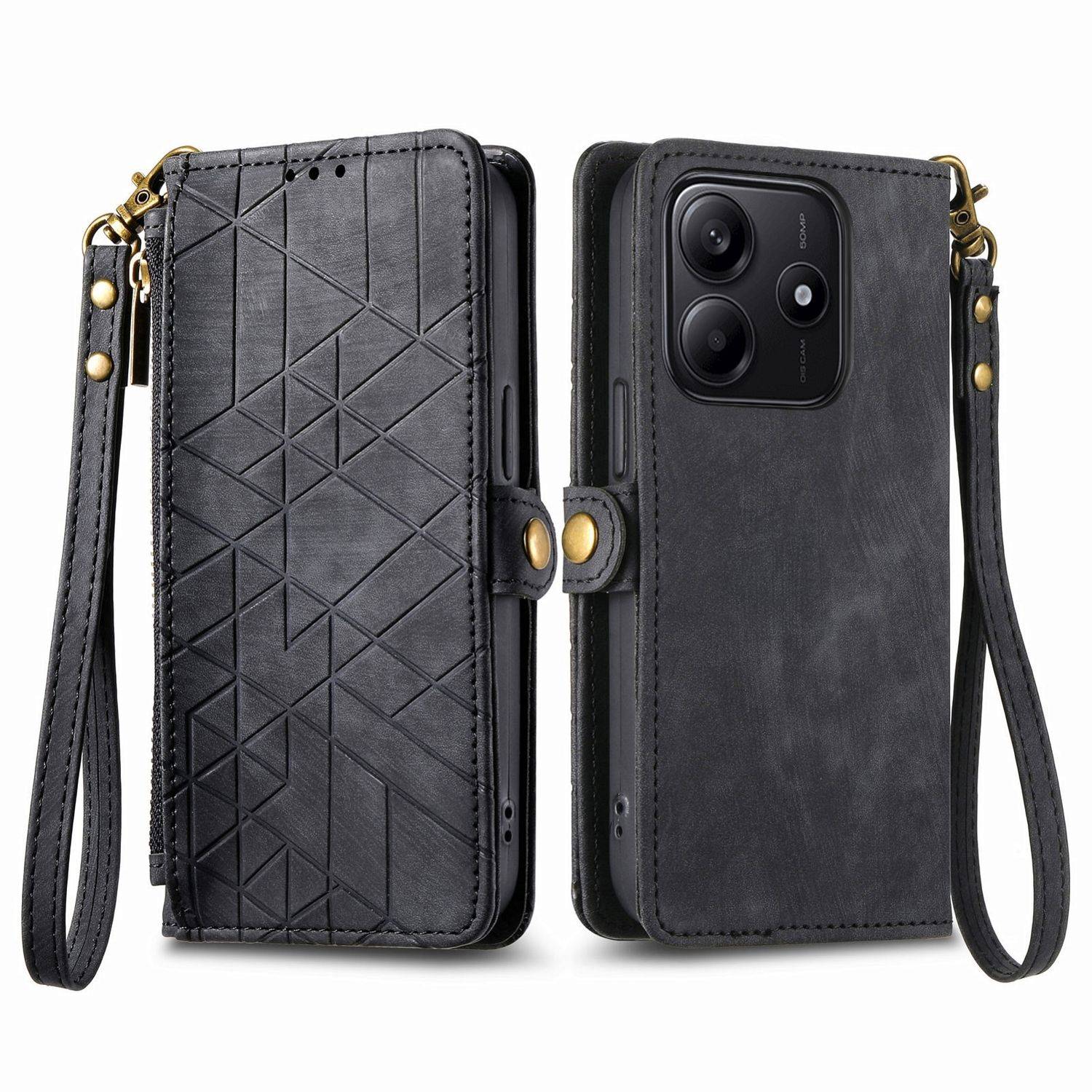 Für Xiaomi Redmi Note 14 5G Geometric Design Kunstleder Zipper Book Wallet Tasche mit Schlaufe Schwarz
