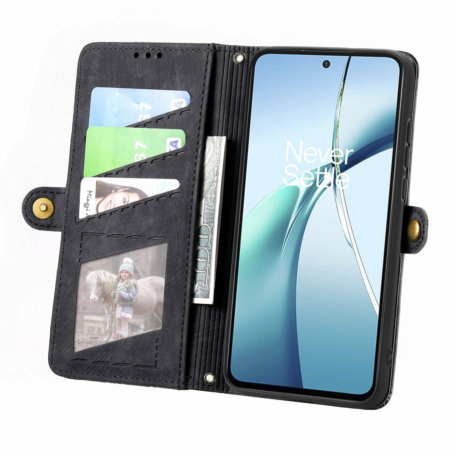 Für Xiaomi Redmi Note 14 5G Geometric Design Kunstleder Zipper Book Wallet Tasche mit Schlaufe Schwarz