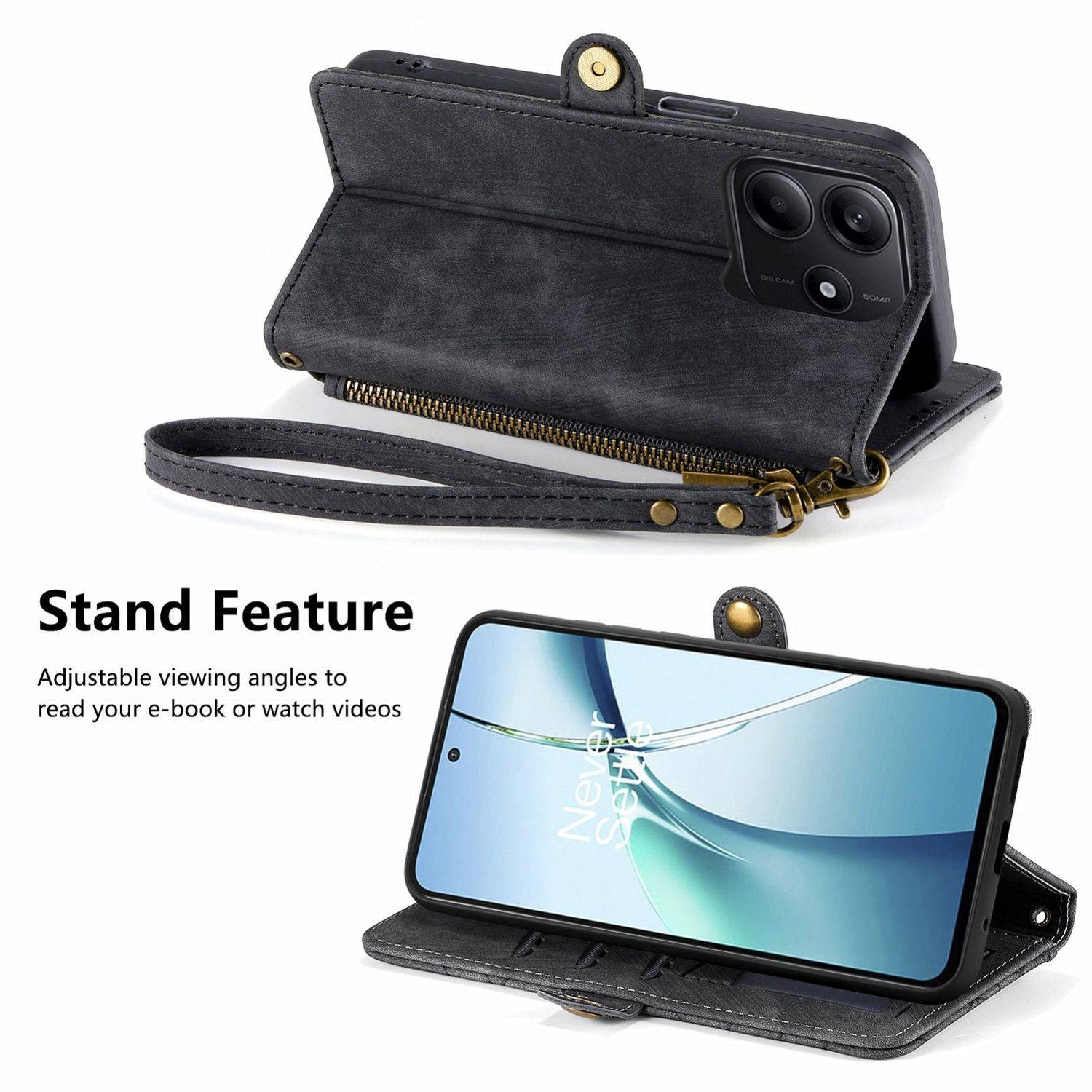 Für Xiaomi Redmi Note 14 5G Geometric Design Kunstleder Zipper Book Wallet Tasche mit Schlaufe Schwarz