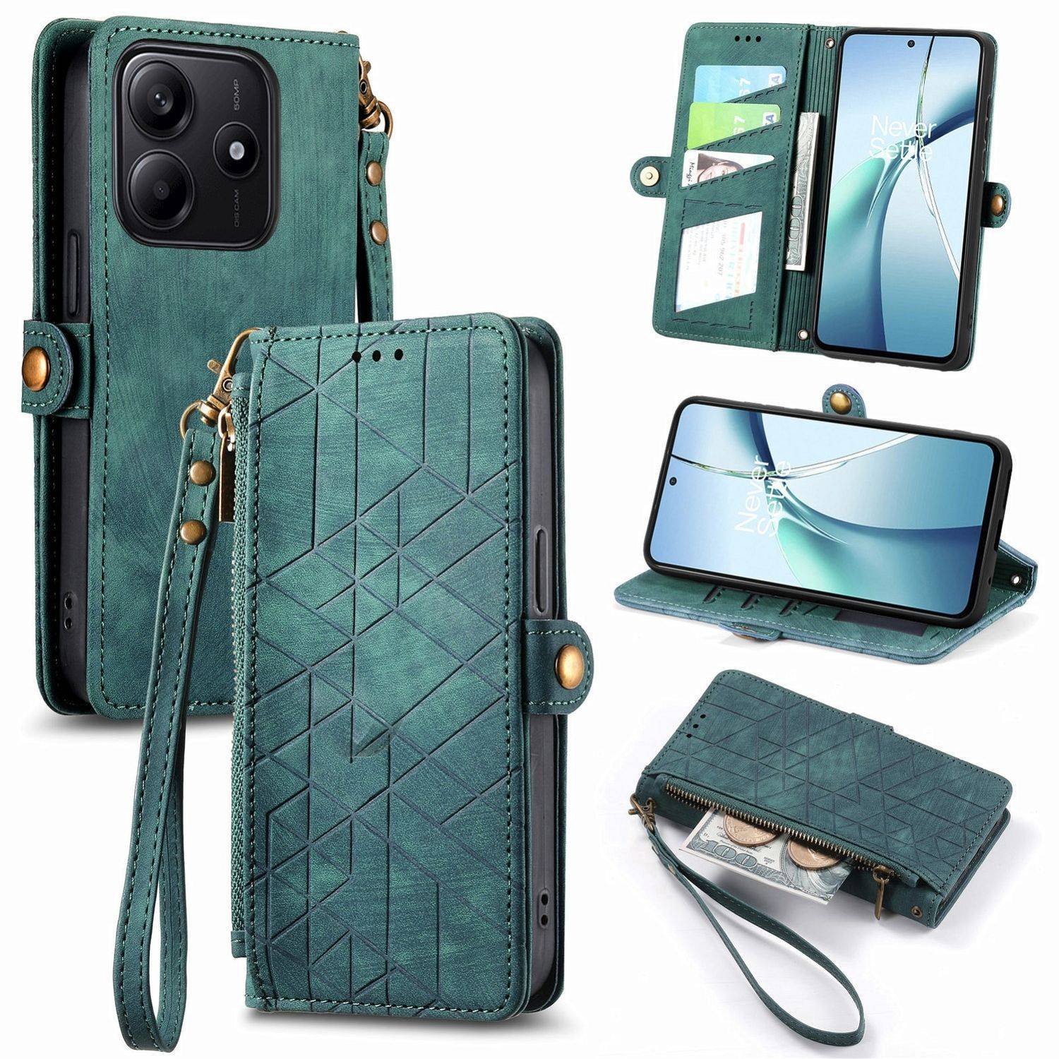 Für Xiaomi Redmi Note 14 5G Geometric Design Kunstleder Zipper Book Wallet Tasche mit Schlaufe Grün