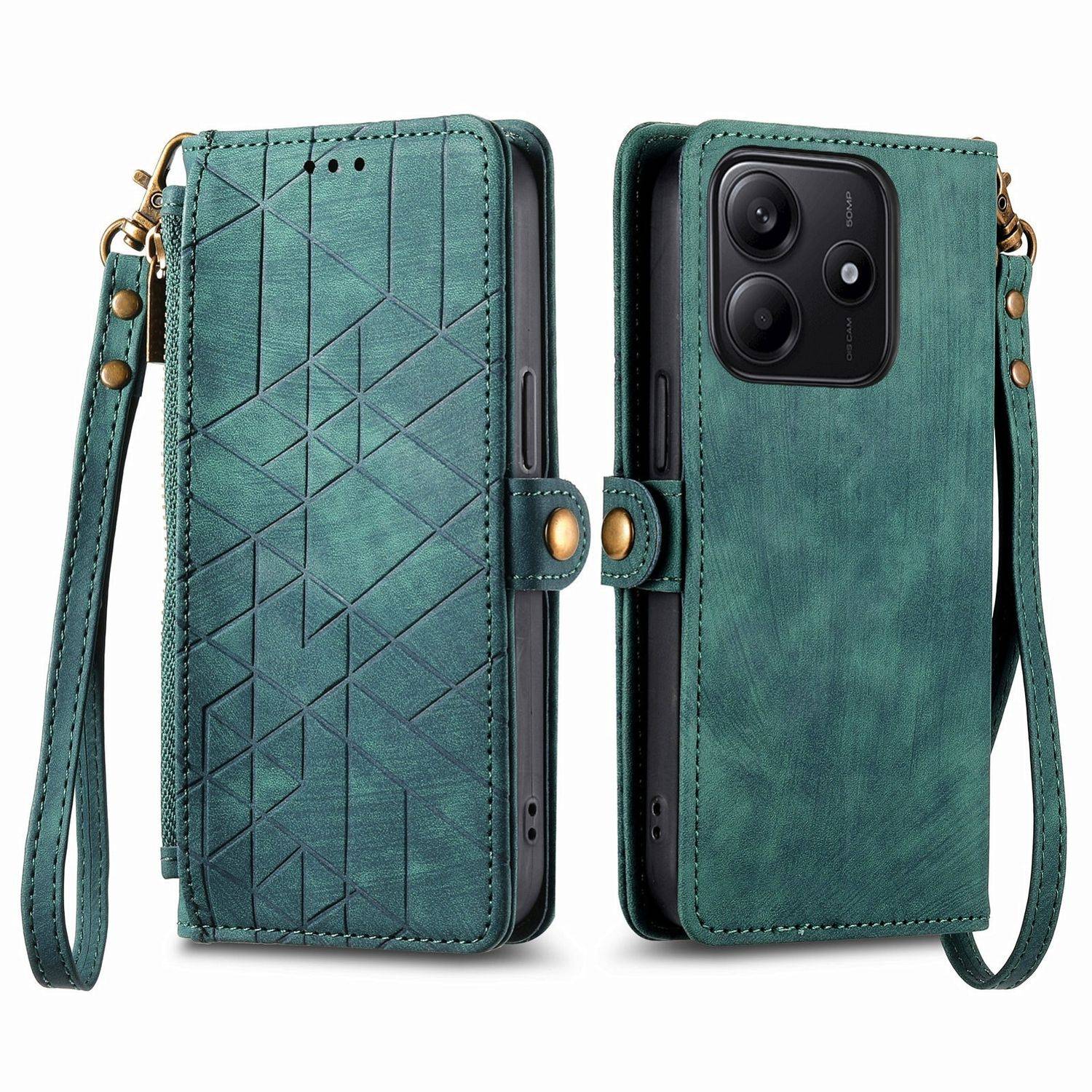 Für Xiaomi Redmi Note 14 5G Geometric Design Kunstleder Zipper Book Wallet Tasche mit Schlaufe Grün