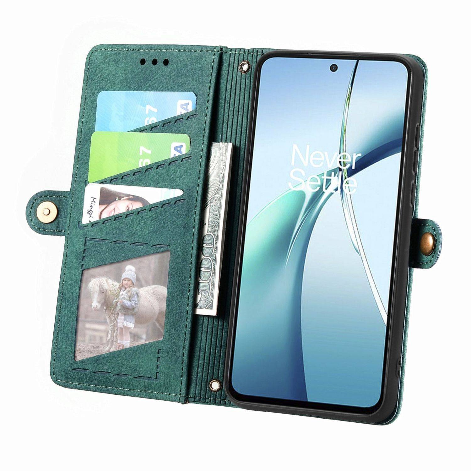 Für Xiaomi Redmi Note 14 5G Geometric Design Kunstleder Zipper Book Wallet Tasche mit Schlaufe Grün
