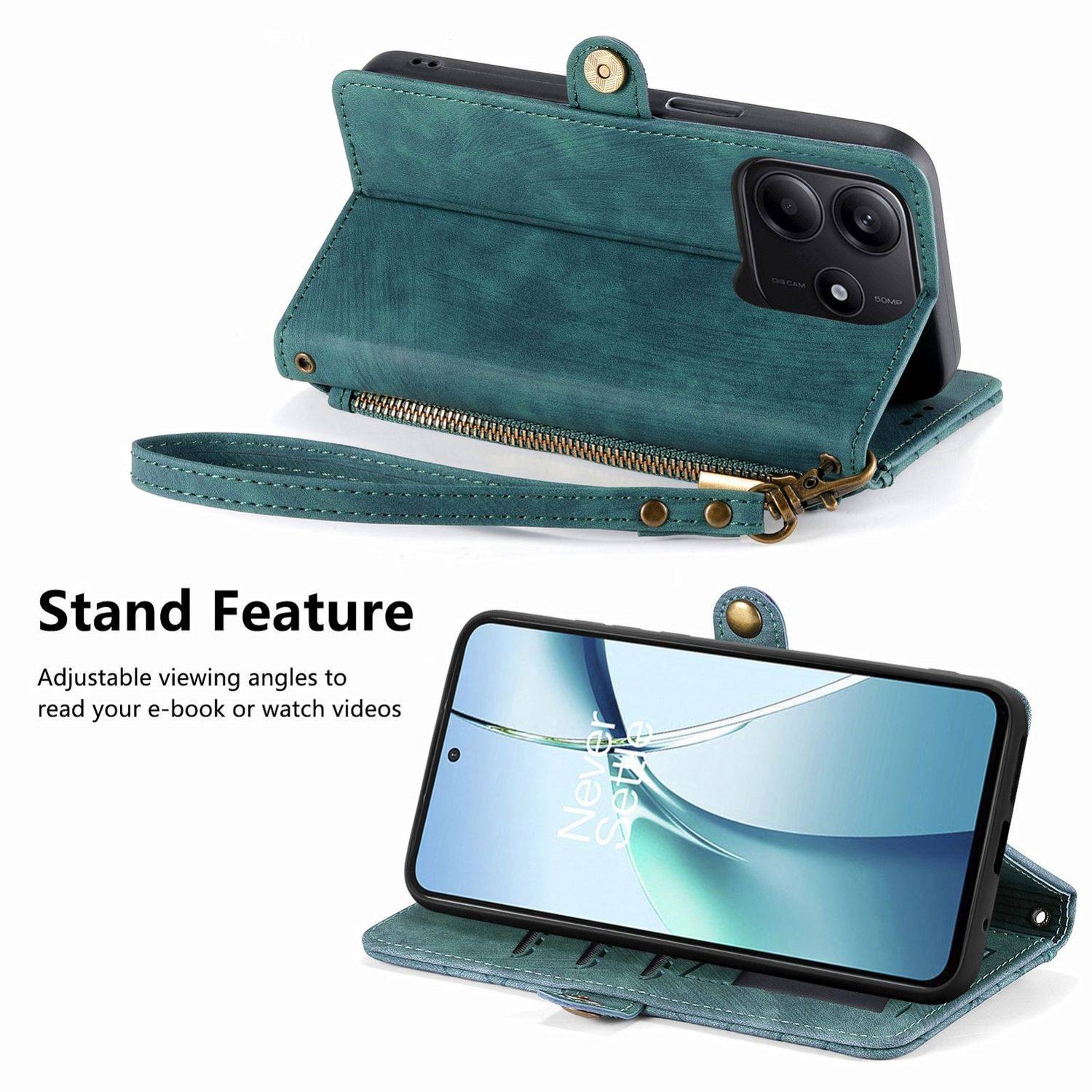Für Xiaomi Redmi Note 14 5G Geometric Design Kunstleder Zipper Book Wallet Tasche mit Schlaufe Grün
