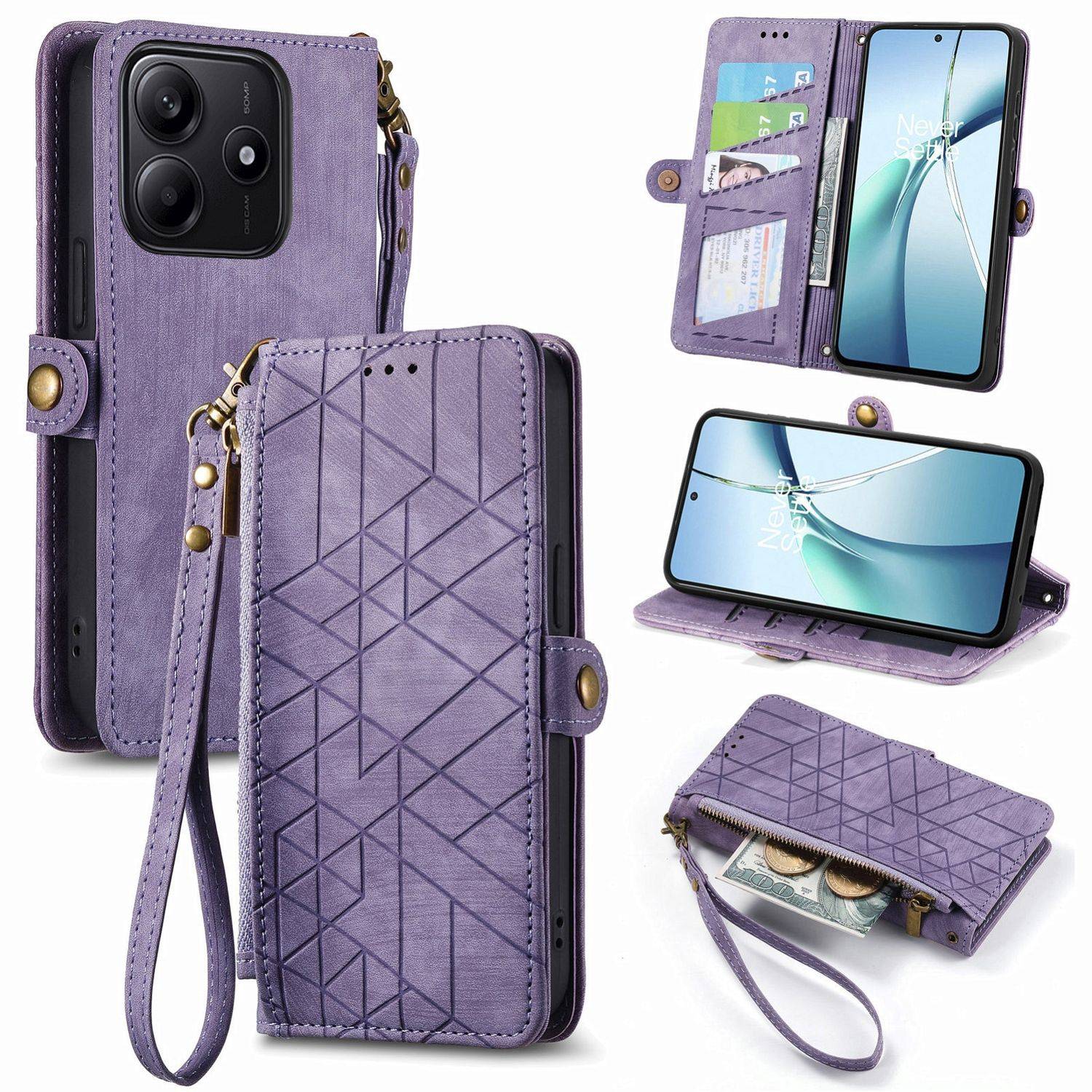 Für Xiaomi Redmi Note 14 5G Geometric Design Kunstleder Zipper Book Wallet Tasche mit Schlaufe Lila