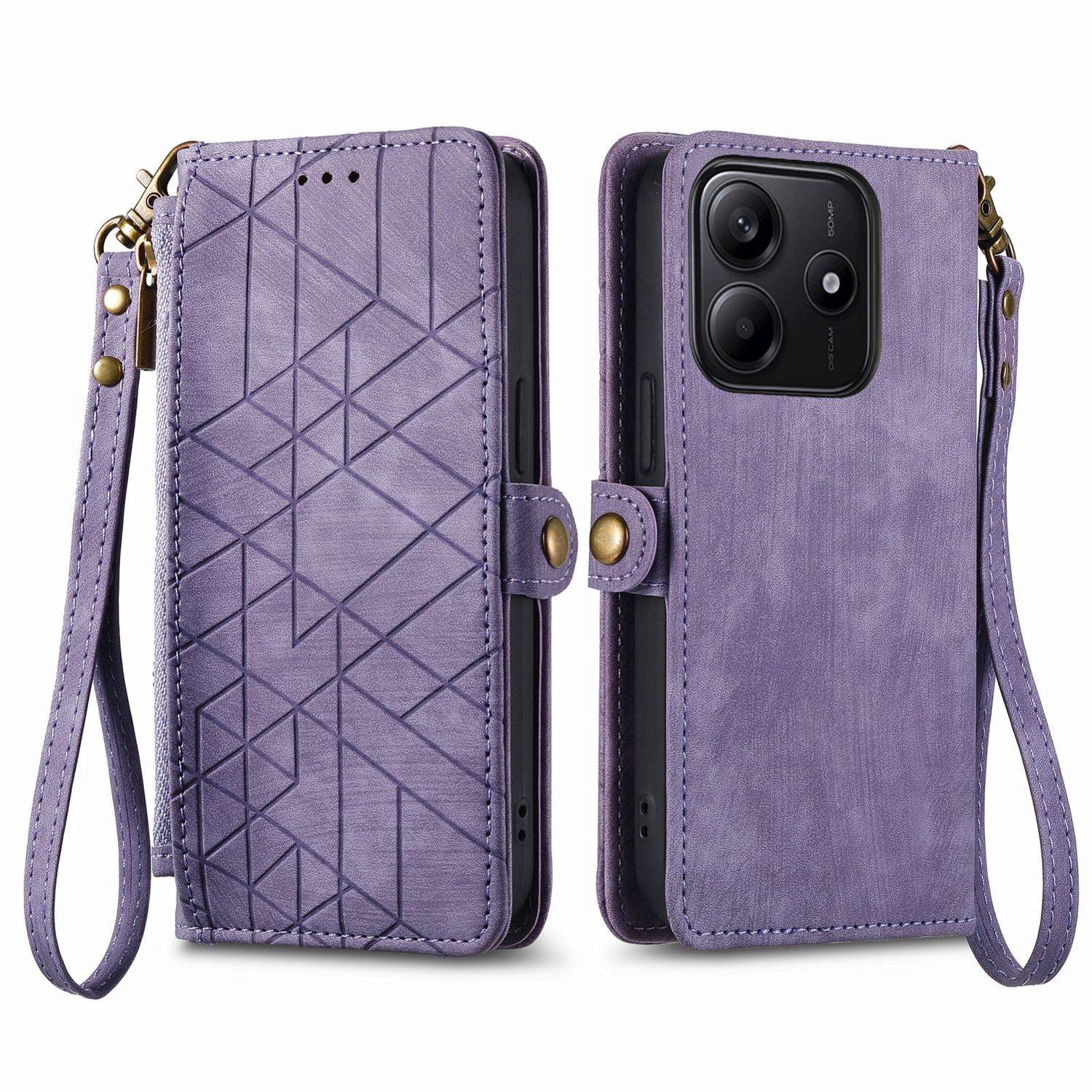 Für Xiaomi Redmi Note 14 5G Geometric Design Kunstleder Zipper Book Wallet Tasche mit Schlaufe Lila