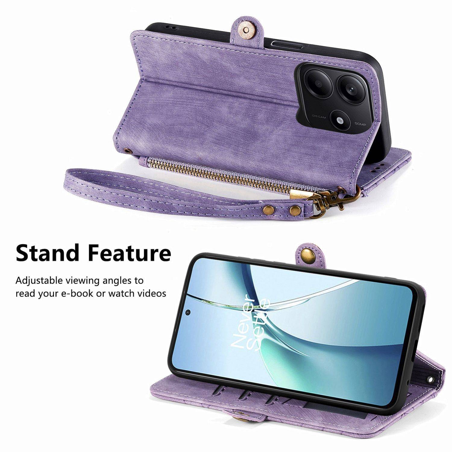 Für Xiaomi Redmi Note 14 5G Geometric Design Kunstleder Zipper Book Wallet Tasche mit Schlaufe Lila