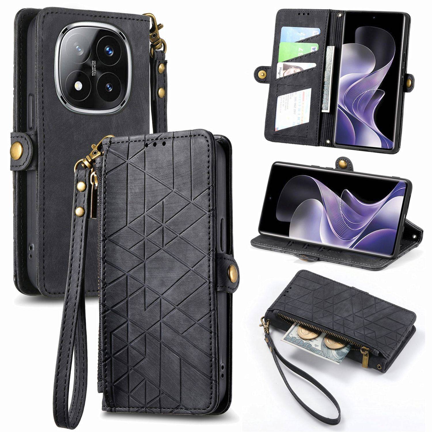 Für Xiaomi Redmi Note 14 Pro 5G Geometric Design Kunstleder Zipper Book Wallet Tasche mit Schlaufe Schwarz