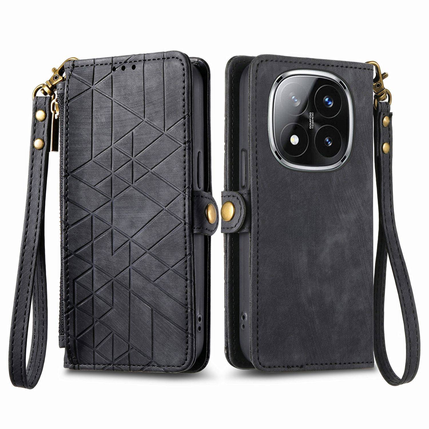 Für Xiaomi Redmi Note 14 Pro 5G Geometric Design Kunstleder Zipper Book Wallet Tasche mit Schlaufe Schwarz