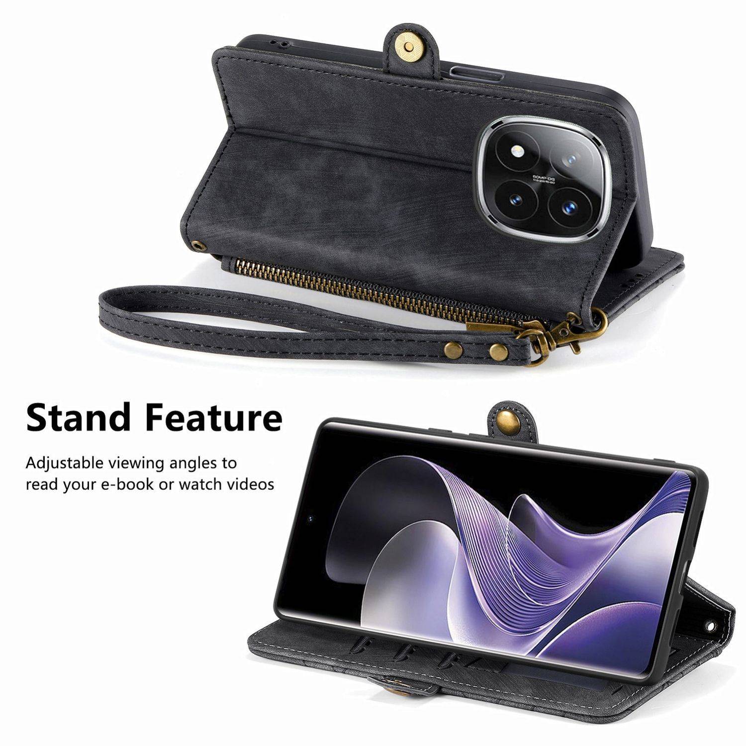 Für Xiaomi Redmi Note 14 Pro 5G Geometric Design Kunstleder Zipper Book Wallet Tasche mit Schlaufe Schwarz