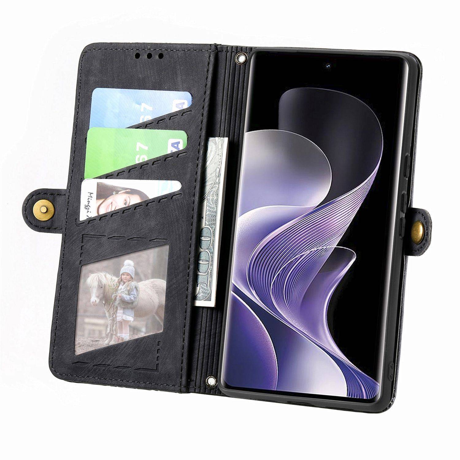 Für Xiaomi Redmi Note 14 Pro 5G Geometric Design Kunstleder Zipper Book Wallet Tasche mit Schlaufe Schwarz