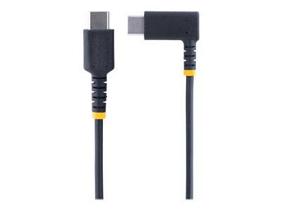 Zwei USB-C-Kabel, eines gerade, eines mit einem Winkelstecker, beide mit schwarzen Gehäusen und gelben Akzenten an der Kabelbase.