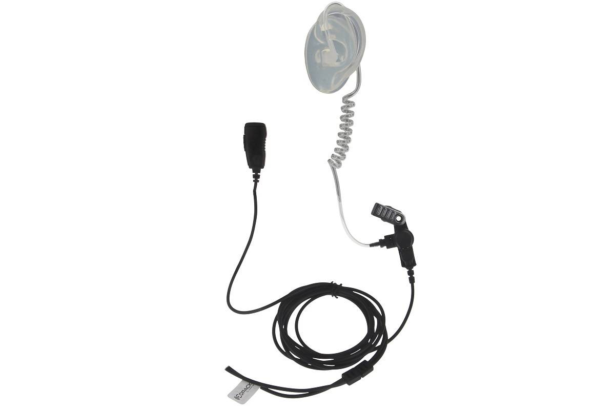 Ein Sicherheitsohrpiece mit einem aufgerollten transparenten Schlauch, schwarzem Kabel und Clip-on-Mikrofon wird vor weißem Hintergrund angezeigt.