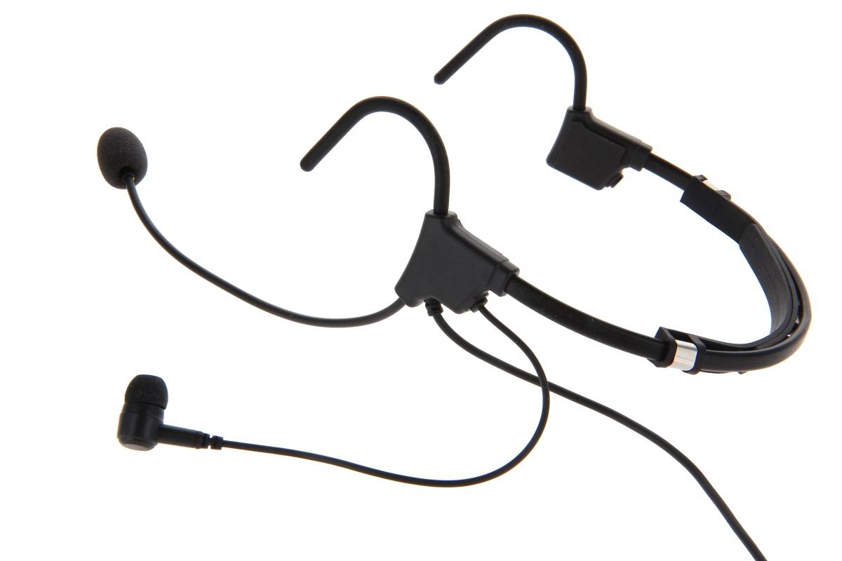 Ein Paar Over-Ear-Kopfhörer mit Ohrbügeln und einem Mikrofon auf einem Auslegerarm. Konzipiert für einen sicheren Sitz bei aktiver Nutzung.