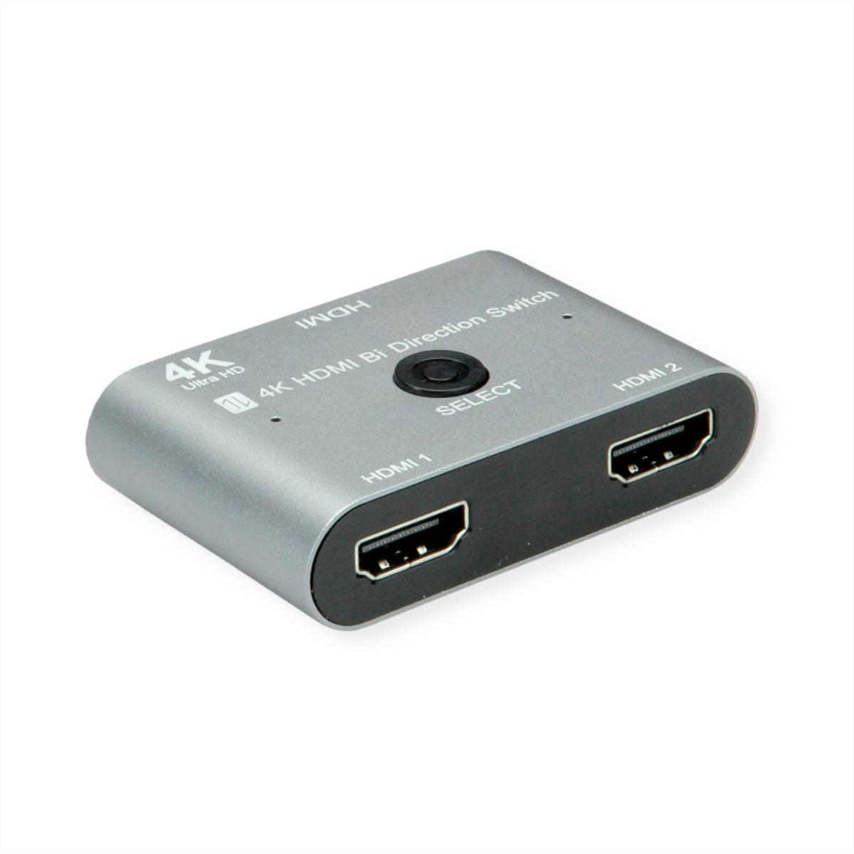 4K HDMI bidirektionaler Schalter mit einer zentralen Wahlschaltfläche und zwei HDMI-Anschlüssen mit den Bezeichnungen HDMI 1 und HDMI 2