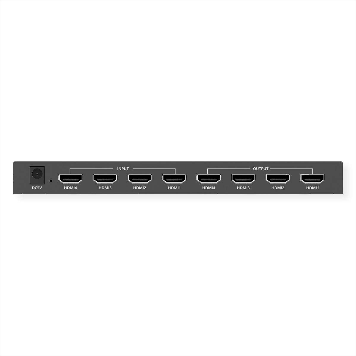 Rückseite eines HDMI-Schalters mit DC 5V-Stromeingang und acht HDMI-Anschlüssen mit Bezeichnungen für Ein- und Ausgang.