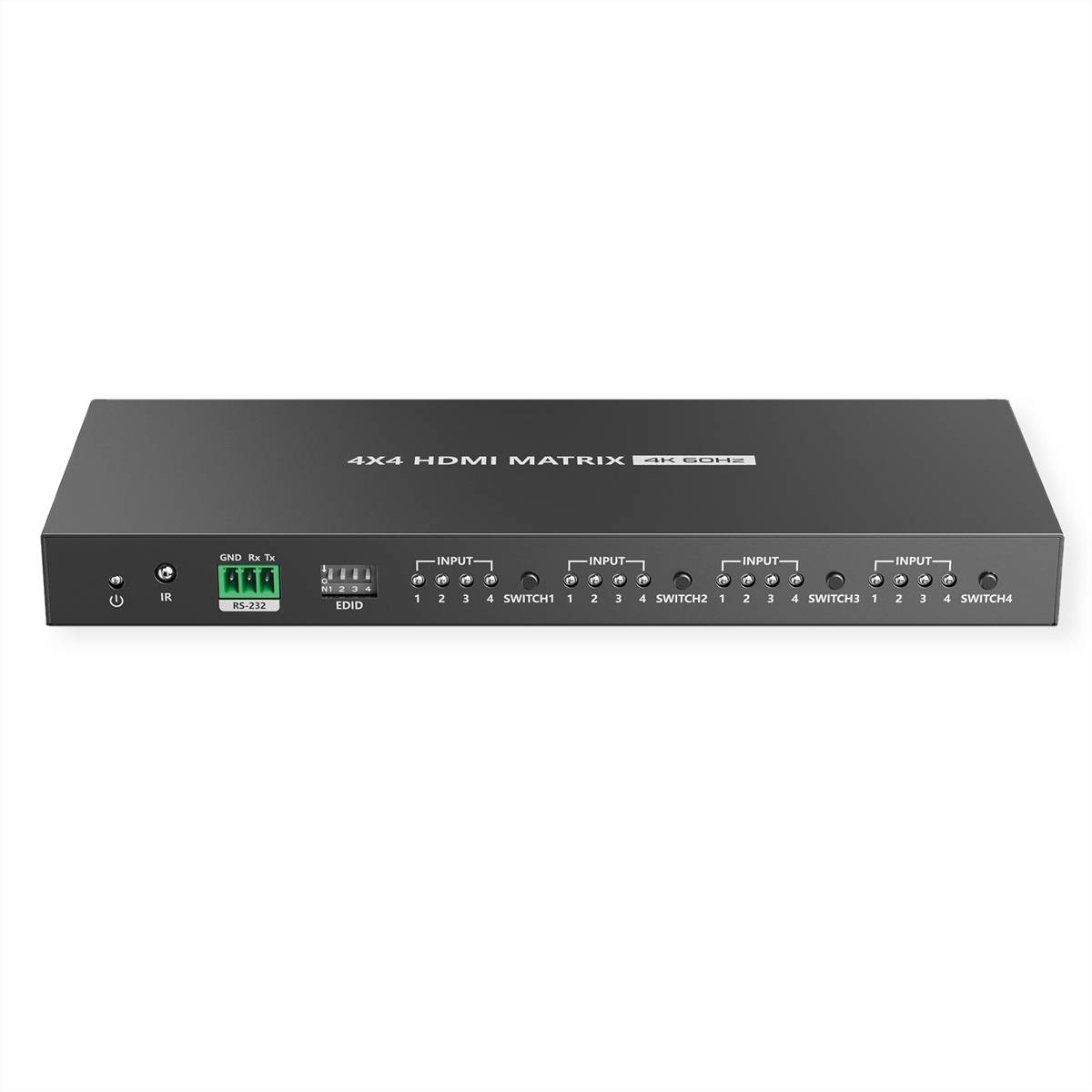 Vorderansicht eines 4x4 HDMI-Matrix-Schalters mit beschrifteten Eingabetasten, Statusleuchten und Stromversorgungsreglern auf einem schwarzen rechteckigen Gerät.