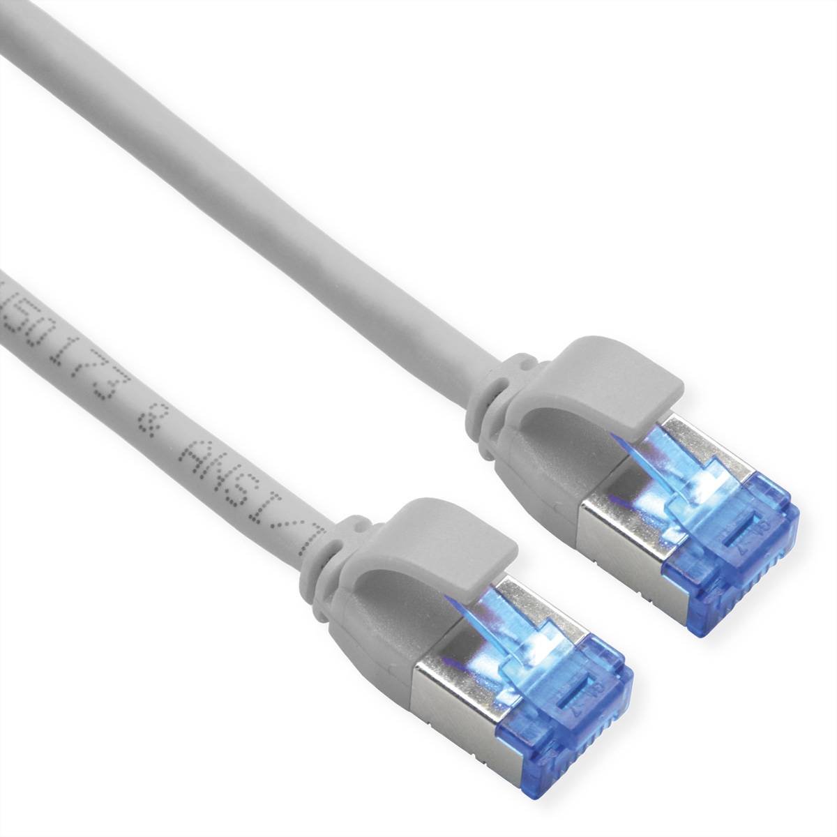 Zwei graue Ethernet-Kabel mit blauen RJ45-Steckern, dargestellt mit zusammengesteckten Anschlüssen auf weißem Hintergrund.