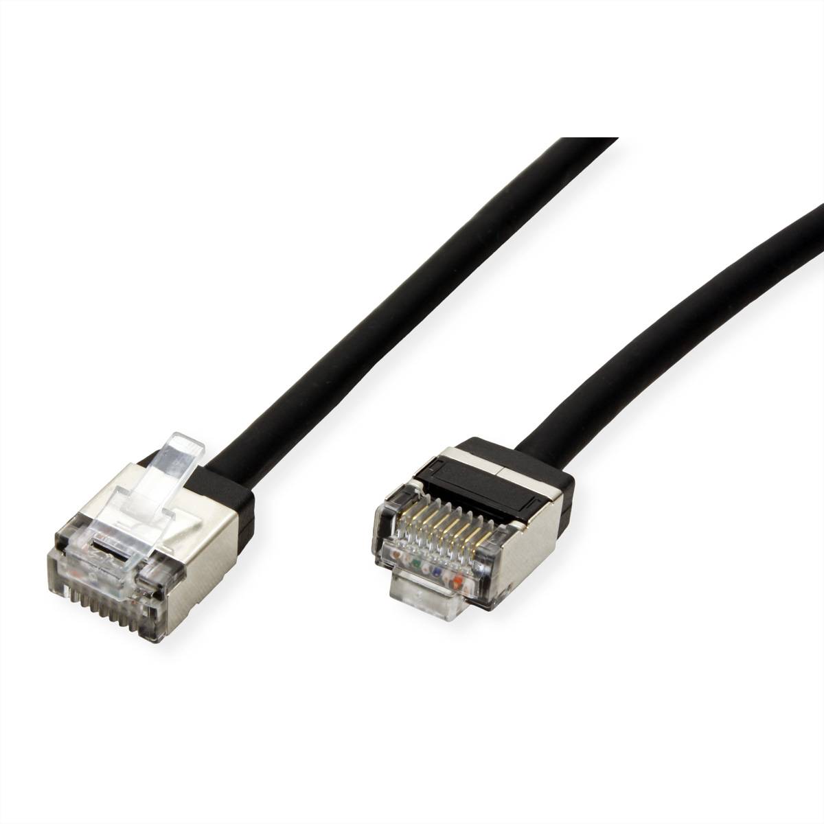 Zwei schwarze Ethernet-Kabel mit Metallverbindern und sichtbaren Stiften auf weißem Hintergrund, wobei ein Verbinder nach oben und der andere nach unten zeigt.