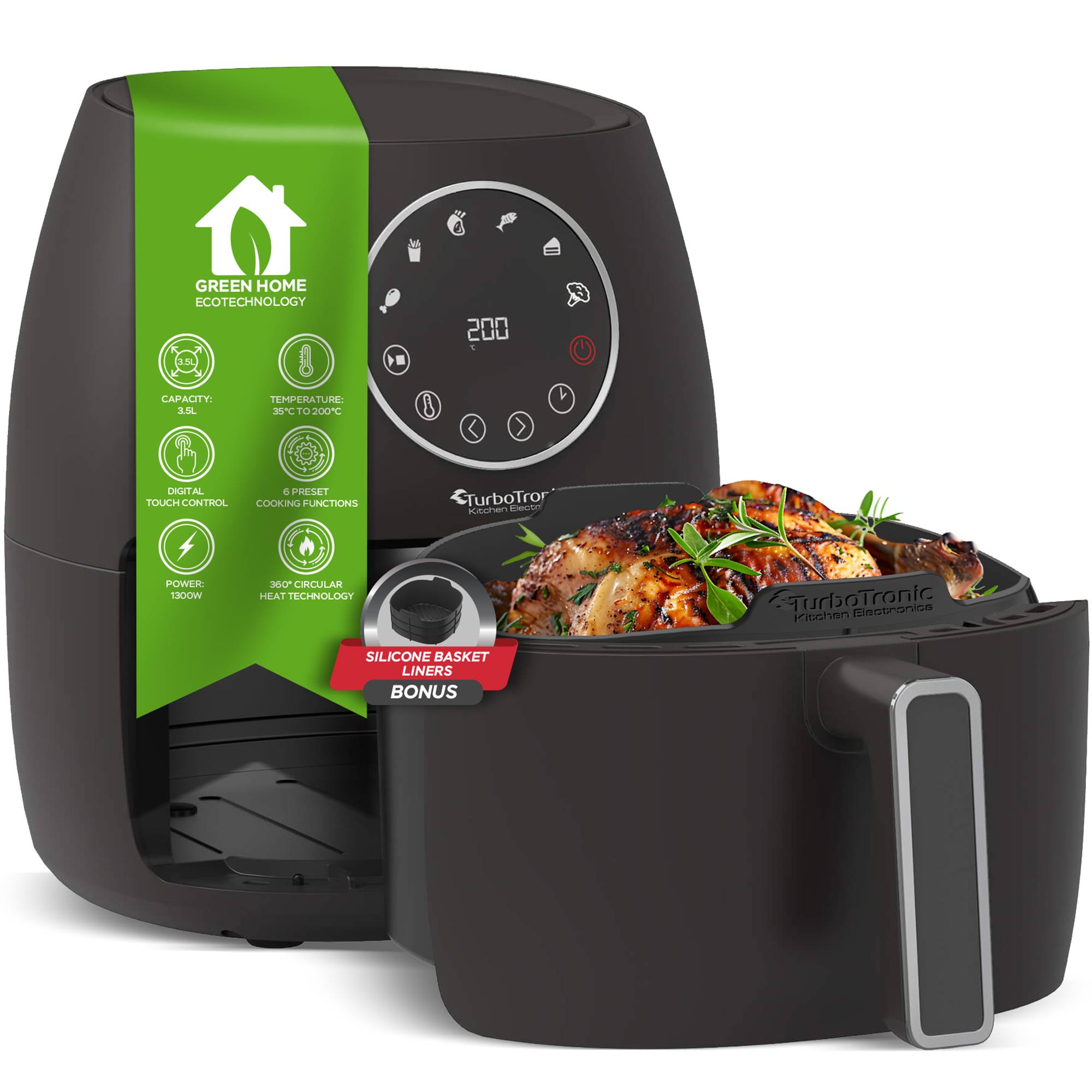Heißluftfritteuse 3,5 Liter 1300W mit Silikoneinlage 6 Programme Airfryer Fritteuse Heissluftfritteuse ohne Fett / Öl, 75C - 200°C Luftfritteuse Ai