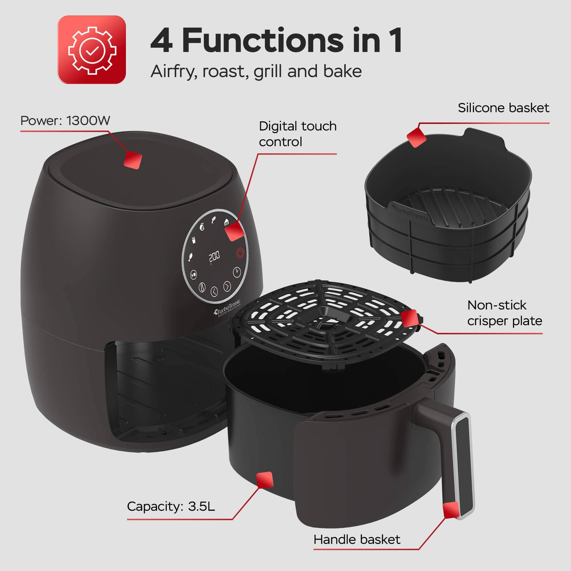 Heißluftfritteuse 3,5 Liter 1300W mit Silikoneinlage 6 Programme Airfryer Fritteuse Heissluftfritteuse ohne Fett / Öl, 75C - 200°C Luftfritteuse Ai