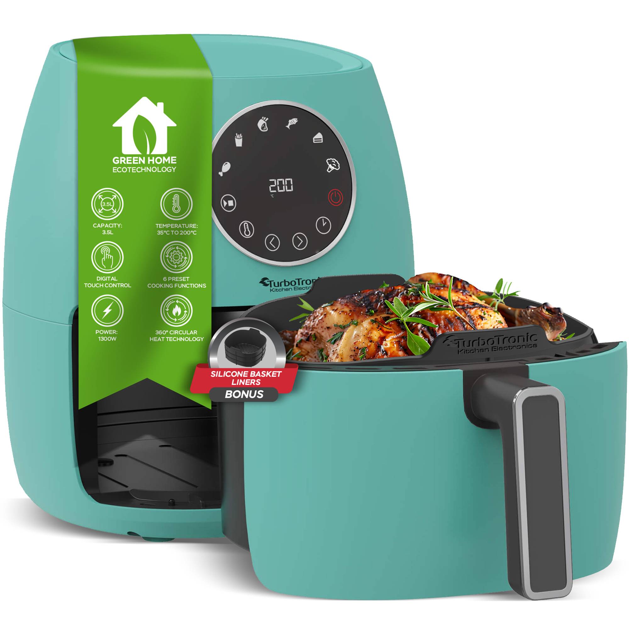 Heißluftfritteuse 3,5 Liter 1300W mit Silikoneinlage 6 Programme Airfryer Fritteuse Heissluftfritteuse ohne Fett / Öl, 75C - 200°C Luftfritteuse Ai