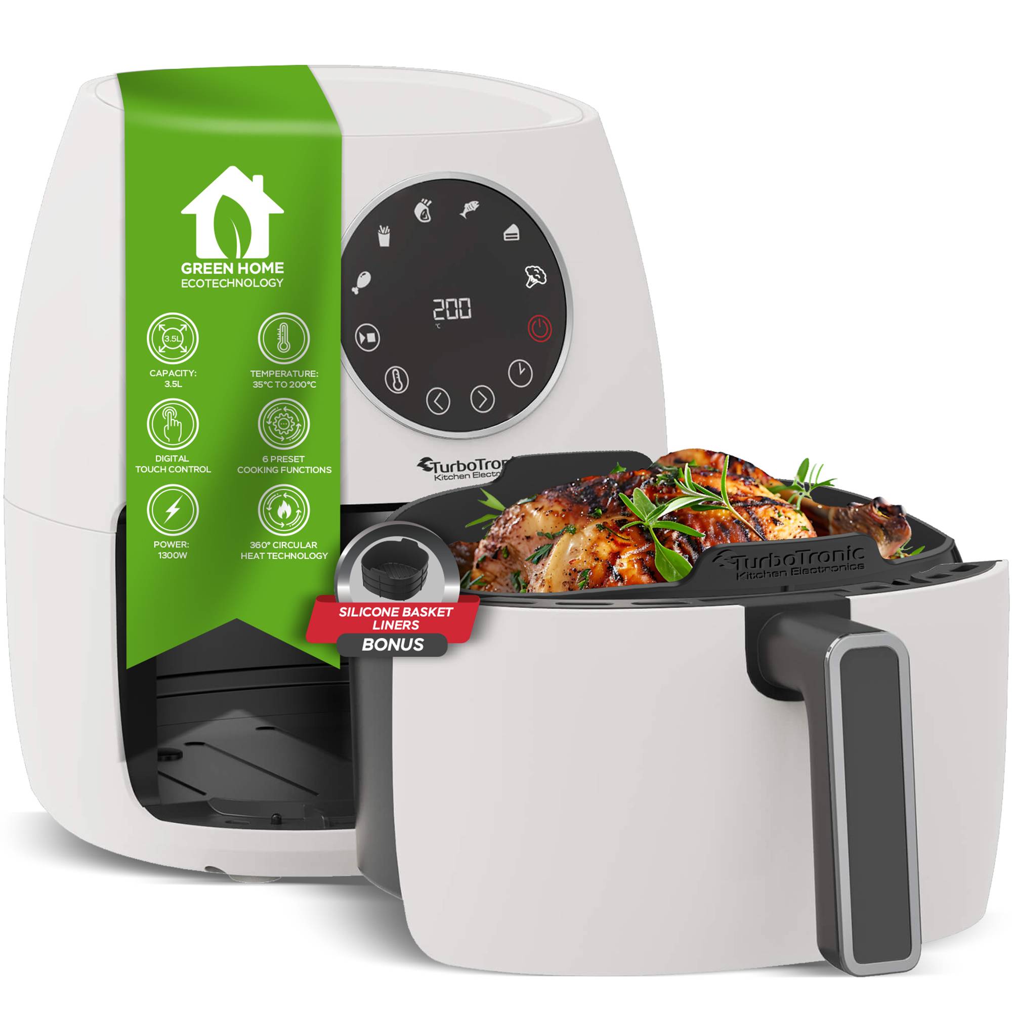 Heißluftfritteuse 3,5 Liter 1300W mit Silikoneinlage 6 Programme Airfryer Fritteuse Heissluftfritteuse ohne Fett / Öl, 75C - 200°C Luftfritteuse Ai