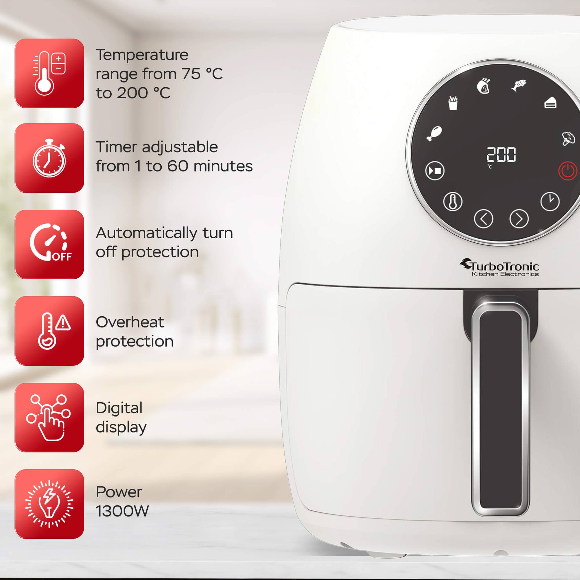 Heißluftfritteuse 3,5 Liter 1300W mit Silikoneinlage 6 Programme Airfryer Fritteuse Heissluftfritteuse ohne Fett / Öl, 75C - 200°C Luftfritteuse Ai