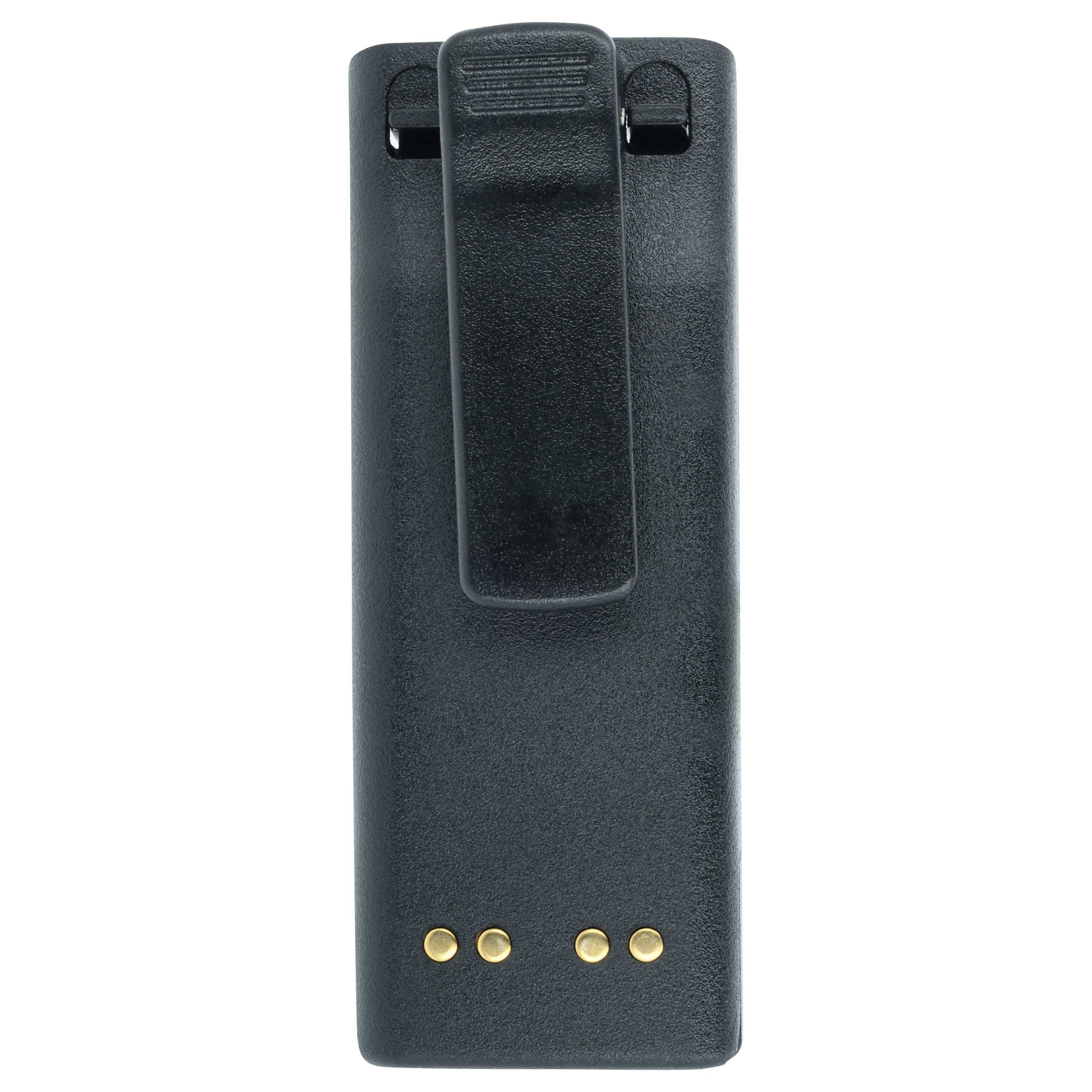 Ein schwarzer Plastikgürtelclip mit drei goldenen Kontakten am unteren Ende, der zum sicheren Halten eines Radios oder eines ähnlichen Geräts entwickelt wurde.