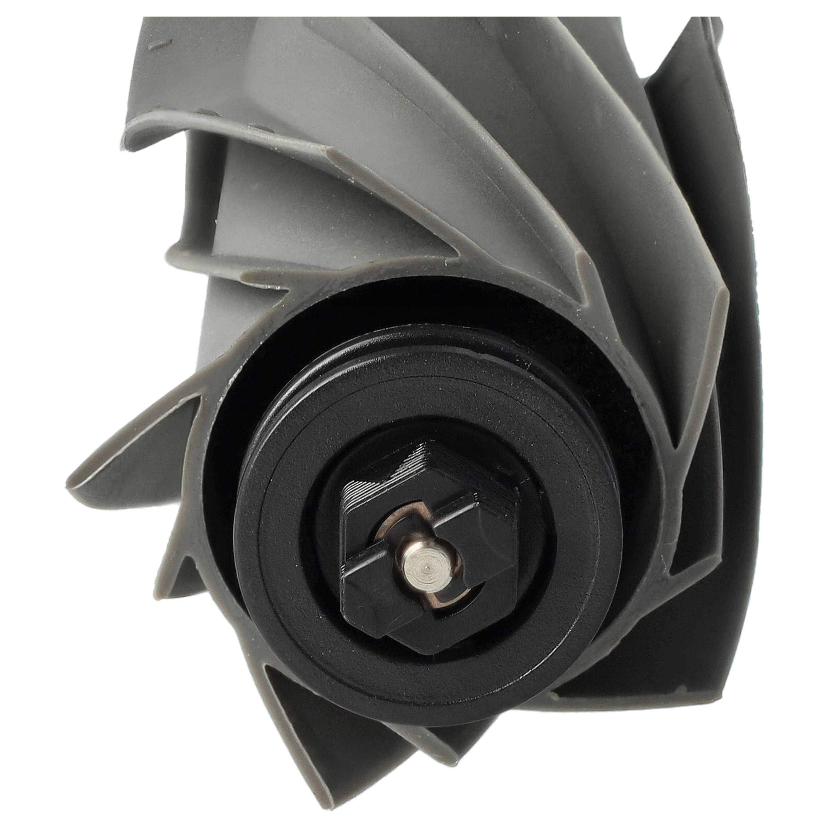 Eine Nahaufnahme einer mechanischen Turbinenkomponente mit abgewinkelten Schaufeln und einer zentralen Nabe, die detailliertes ingenieurtechnisches Design zeigt.