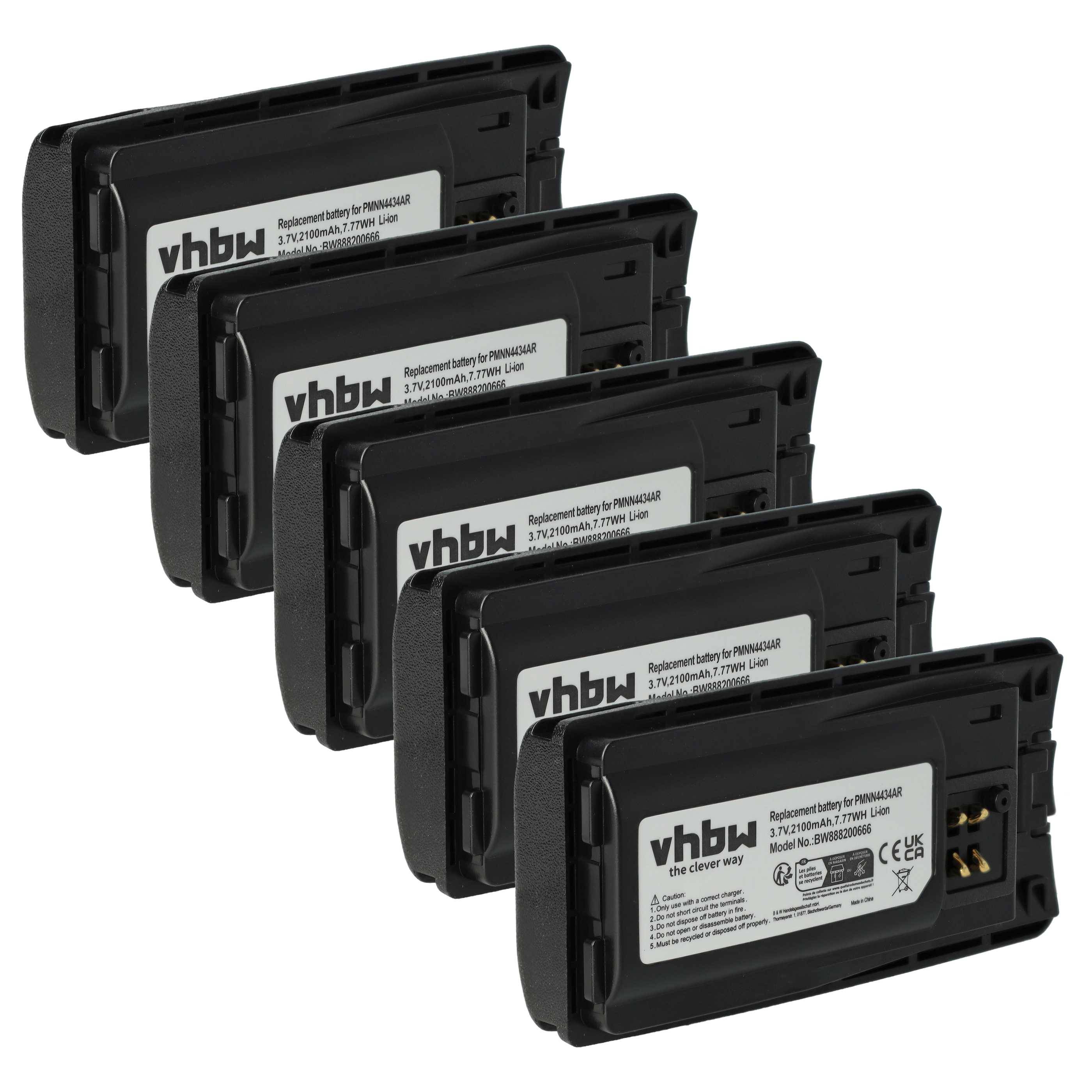 Fünf schwarze vhbw wiederaufladbare Batterien sind in einer Reihe angeordnet und zeigen Produktetiketten mit technischen Spezifikationen und Spannungsinformationen.