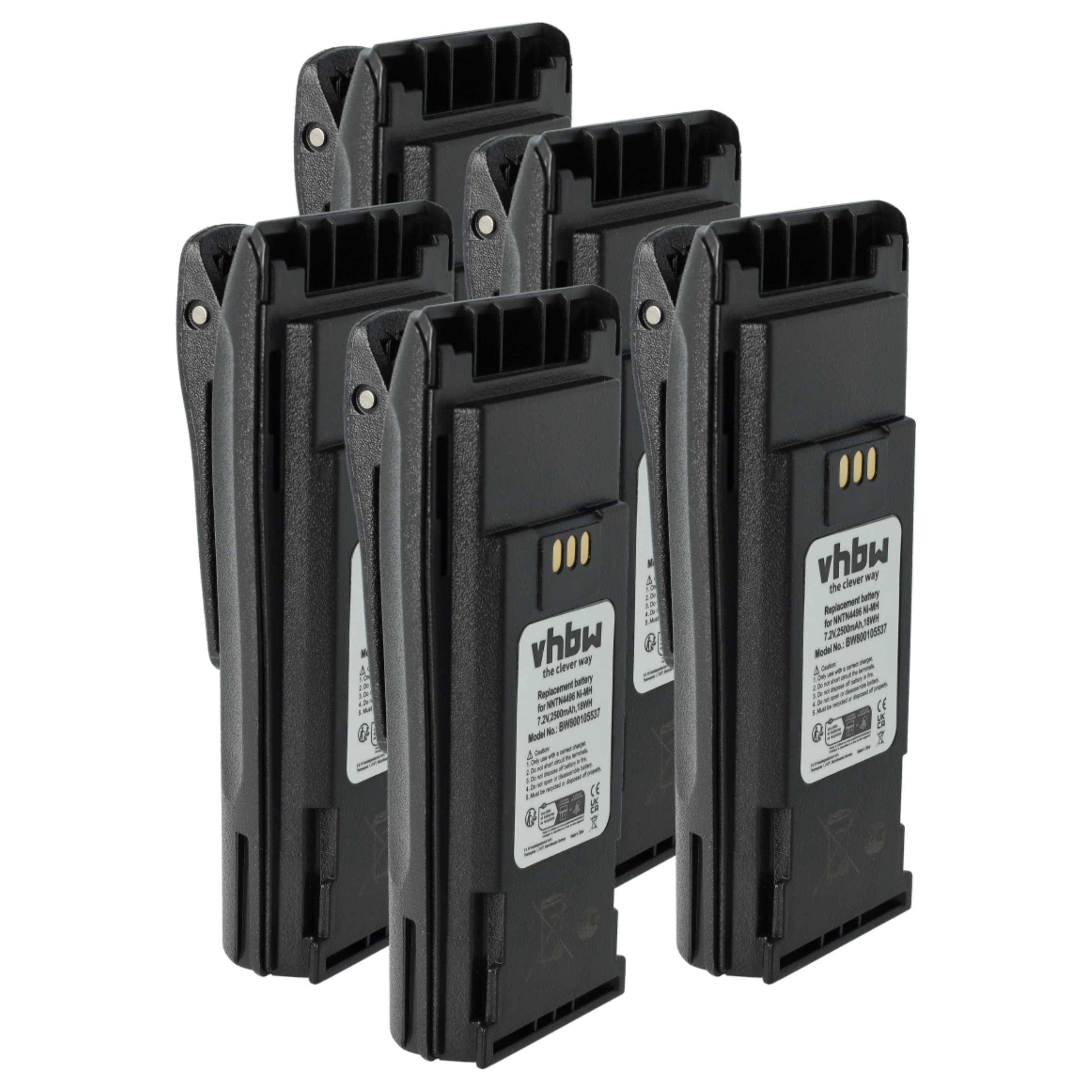 vhbw 5x Akku Ersatz für Motorola PMNN4251, PMNN4252AR, NTN4970 für Funkgerät, Walkie Talkie (2500 mAh, 7,2 V, NiMH) + Gürtelclip