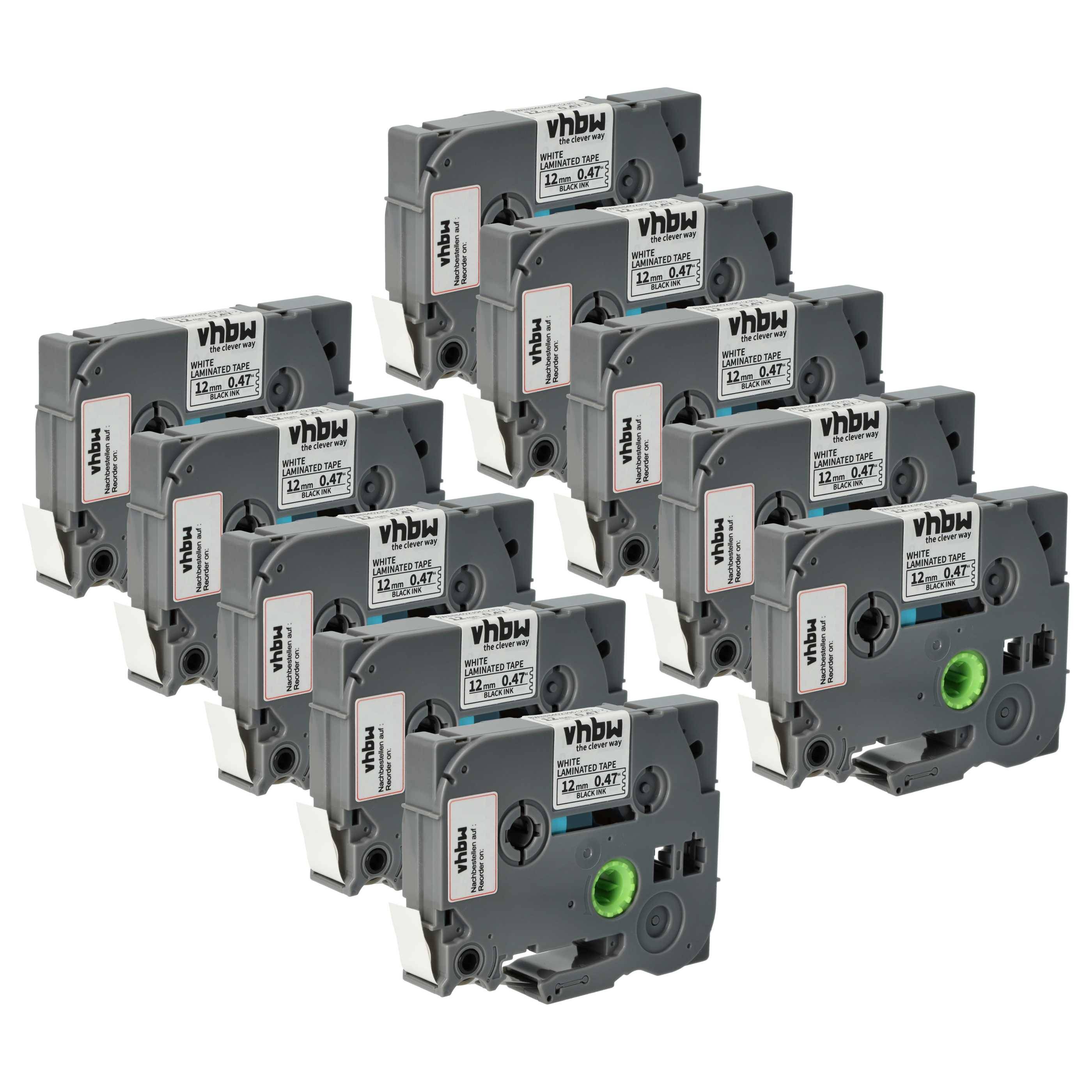 vhbw 10x Schriftband-Kassette kompatibel mit Brother PT 1010NB, 1010R1, 1080BTS, 1080 Etiketten-Drucker 4m x 12mm Schwarz auf Weiß, Laminiert