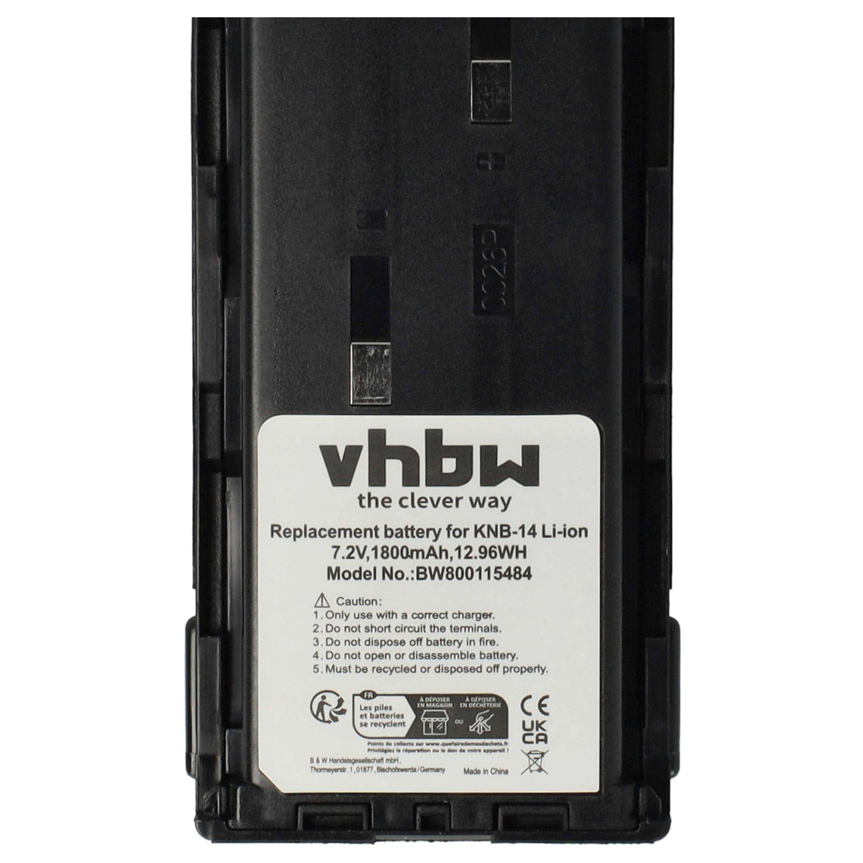 Ersatzbatterie von vhbw für KNB-14 Li-Ionen, 7,2V, 1800mAh, 12,96Wh, mit Vorsichtsmaßnahmen und Entsorgungsanweisungen.