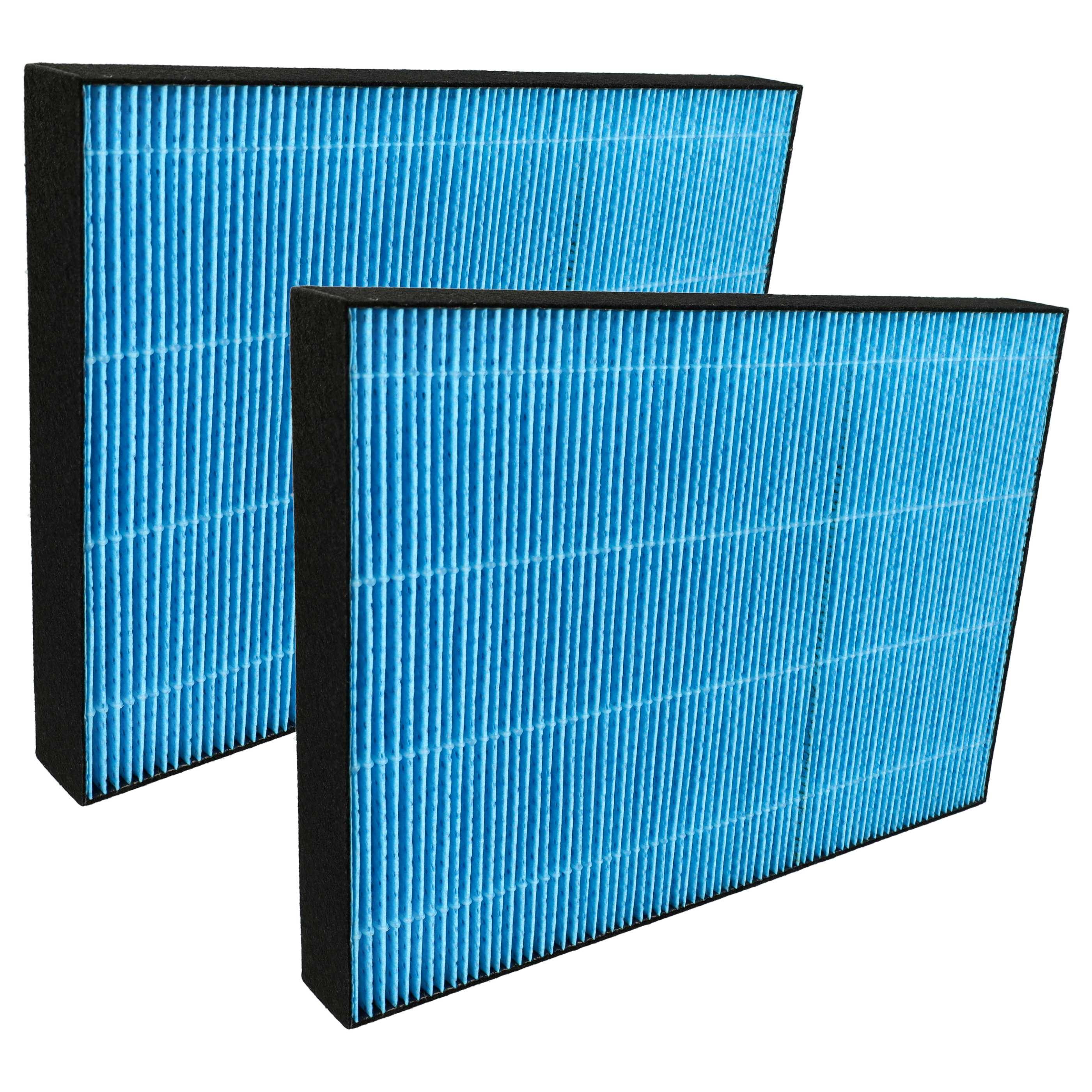 Zwei rechteckige blaue Luftfilter mit schwarzen Rahmen stehen aufrecht auf weißem Hintergrund und betonen ihre Textur und ihr Design.