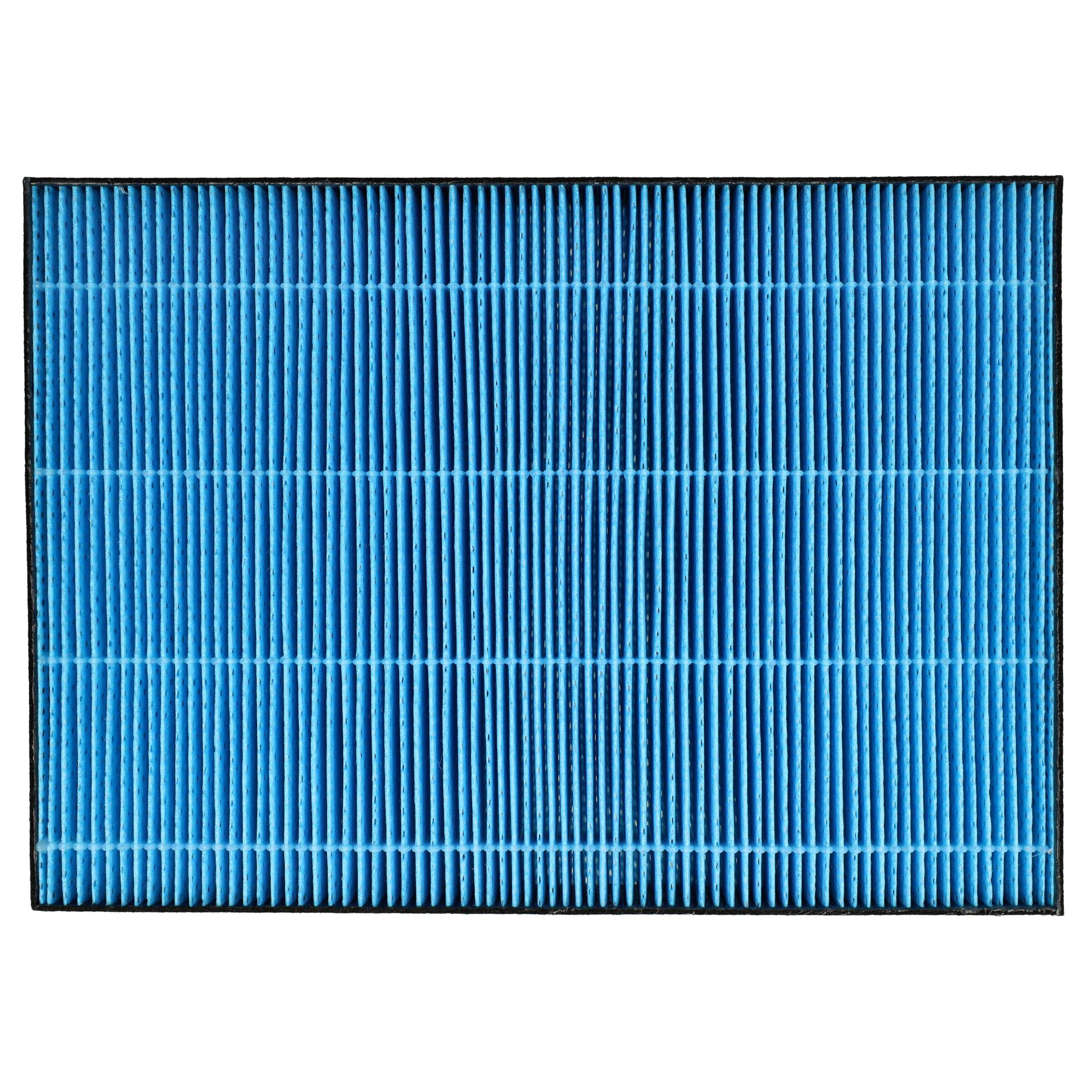 Ein rechteckiger HEPA-Luftfilter mit vertikalen blauen Falten und schwarzem Rahmen.