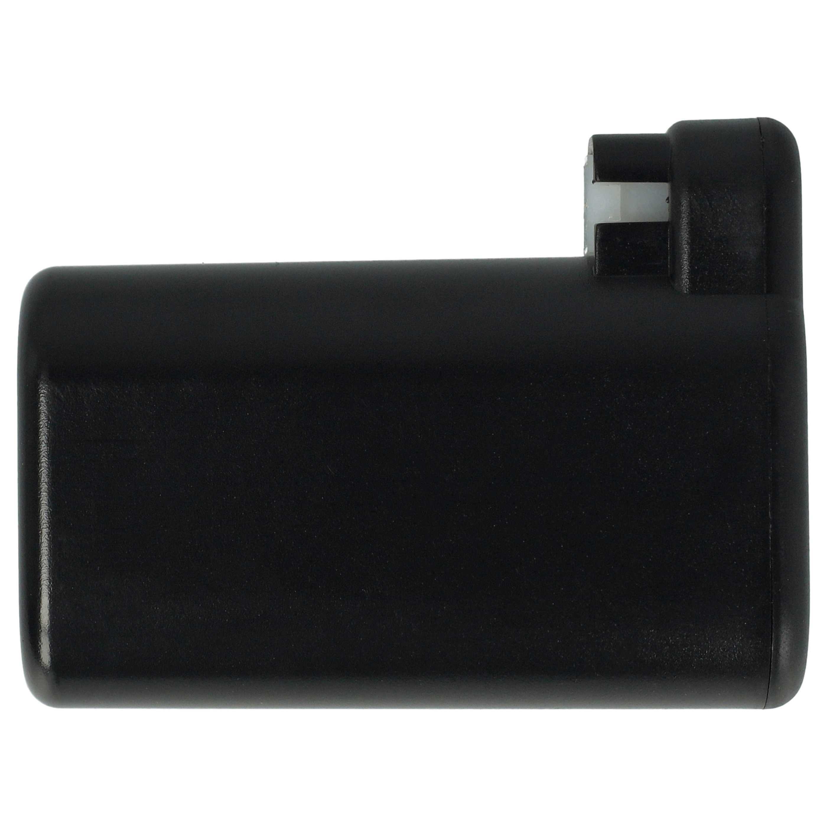 Ein schwarzes rechteckiges Batteriepack mit einem kleinen vorstehenden Stecker in der oberen rechten Ecke, wahrscheinlich zur Stromversorgung von elektronischen Geräten verwendet.