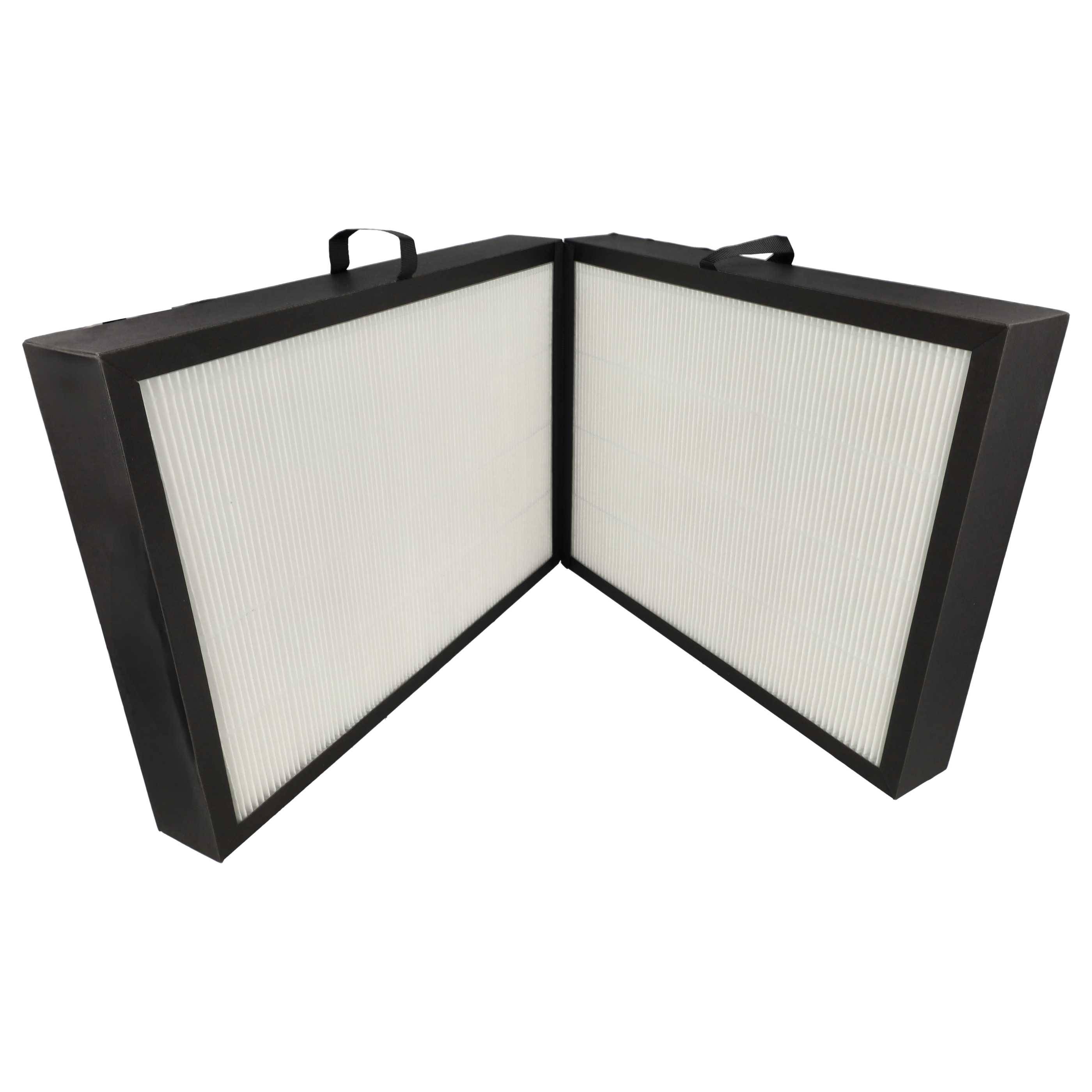 Zwei schwarzgerahmte, gefaltete Luftfilter sind aufrecht positioniert und offen wie ein Buch, was auf die Verwendung in Belüftungs- oder Luftreinigungssystemen hinweist.