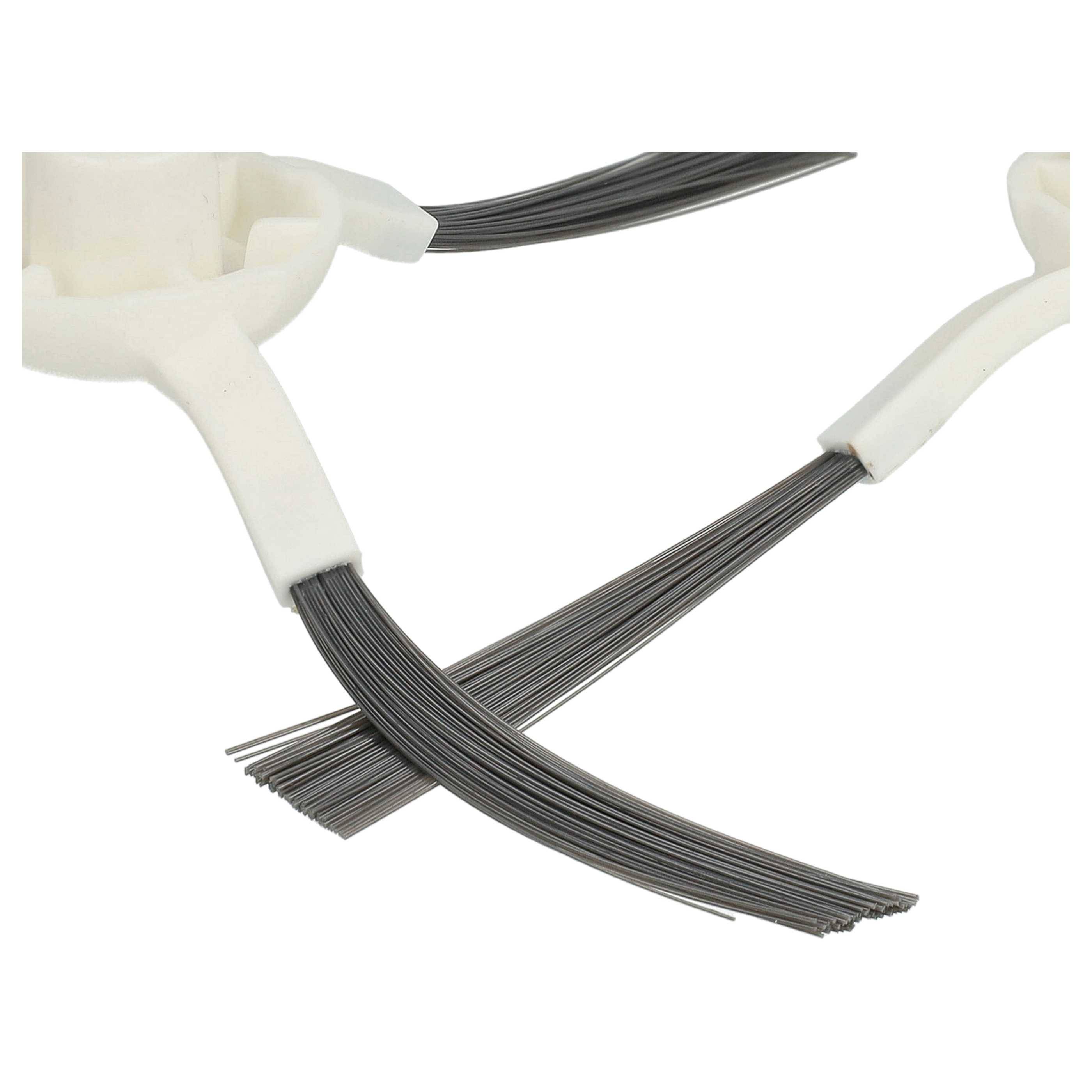 Nahaufnahme zweier weißer Griffe, die Bündel feiner Metalldrähte halten, die flexiblen Werkzeugen oder Bürsten ähneln, die für industrielle Zwecke verwendet werden.