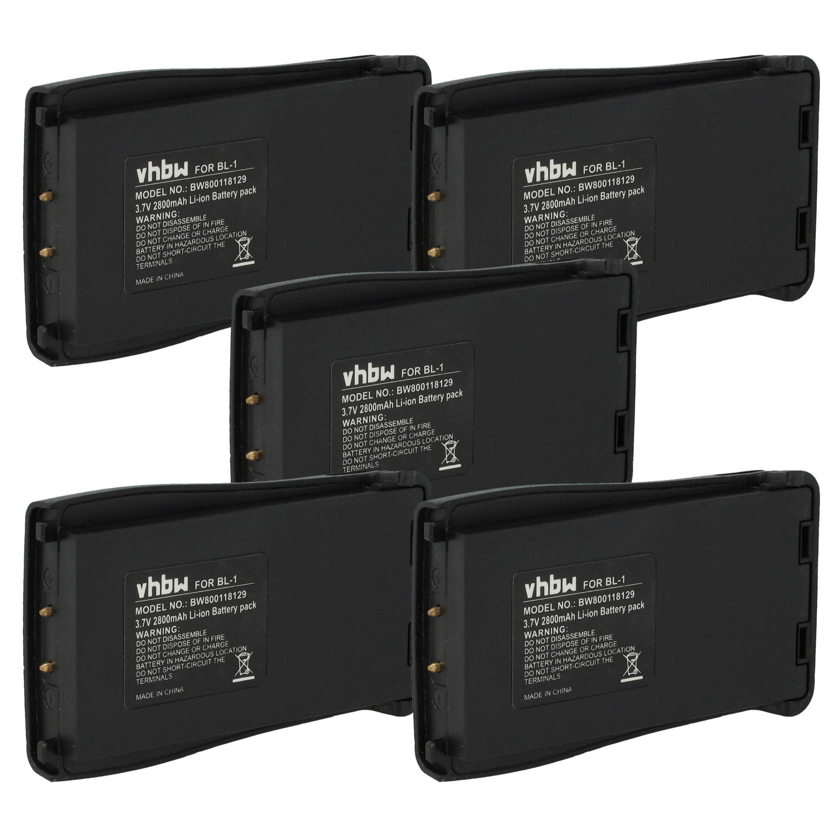 Fünf schwarze vhbw Lithium-Ionen-Akkupacks für BL-1 Geräte, Modellnummer BL1-186001112209, mit weißer Beschriftung.