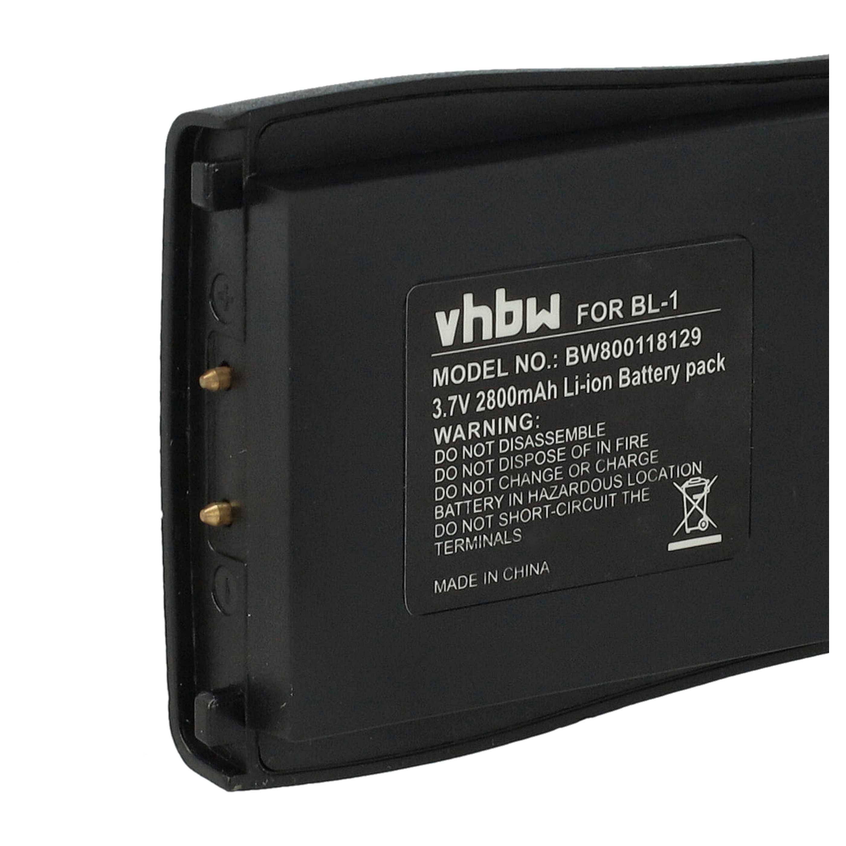 Batteriepack mit Bezeichnung „vhbw FOR BL-1", Modellnummer BW800118129, 3,7V, 2800mAh Li-Ionen, mit Handhabungs- und Gefahrenwarnungen. Hergestellt in China.