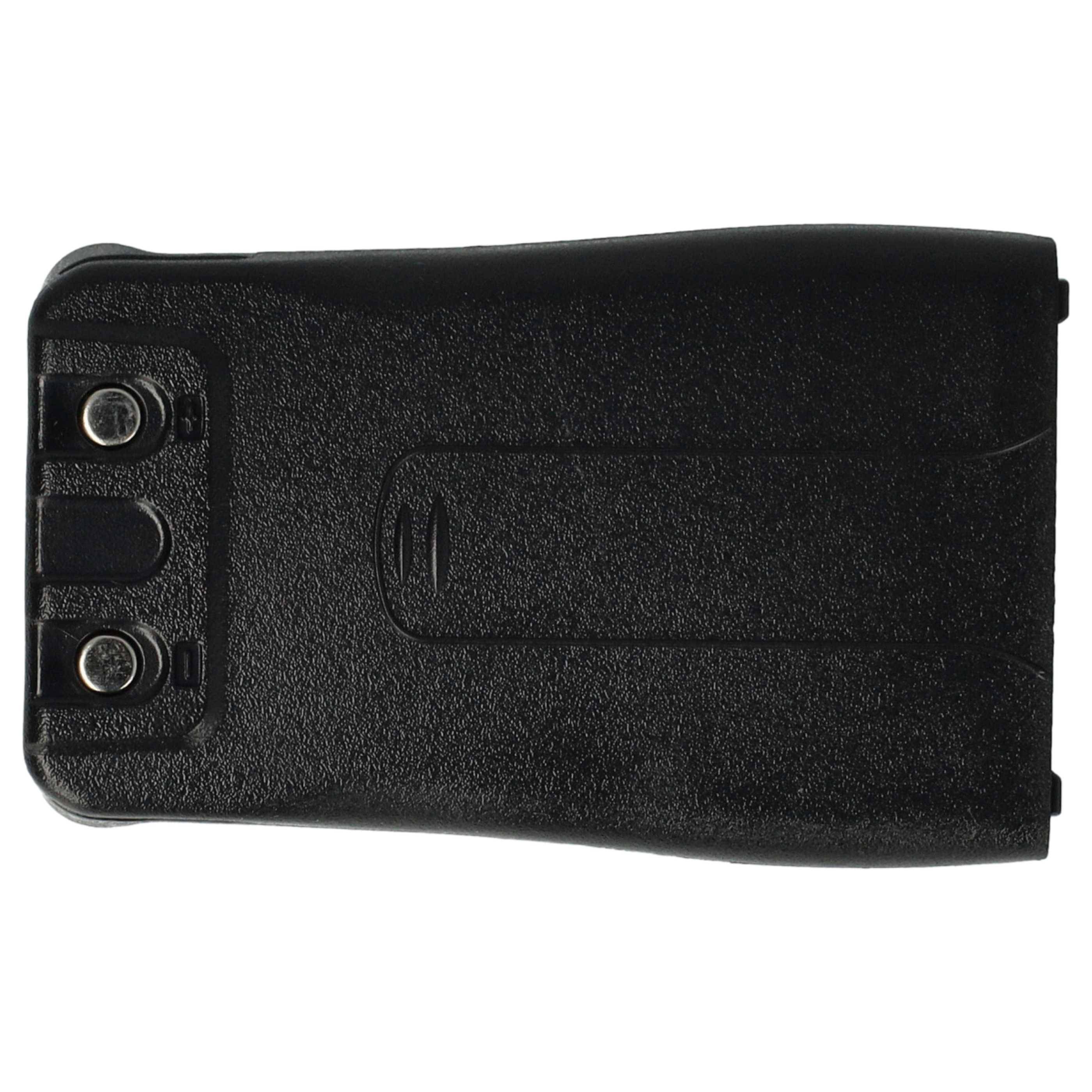 Ein schwarzes Walkie-Talkie-Batteriepack mit zwei Metallverbindern oben, auf weißem Hintergrund platziert.