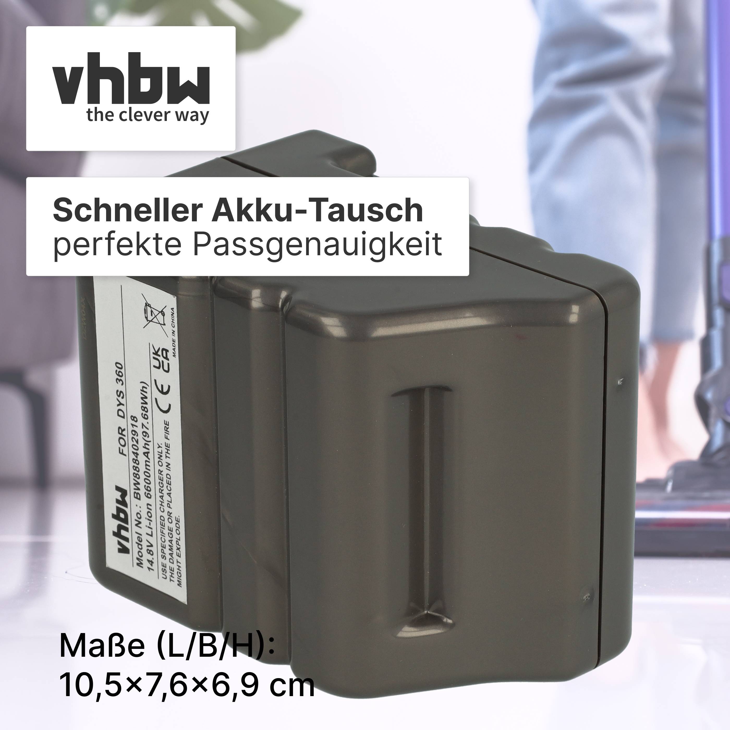 vhbw Akkupack, gezeigt mit „Schneller Akku-Tausch perfekte Passgenauigkeit" und Größe „Maße (L/B/H): 10,5×7,6×6,9 cm"