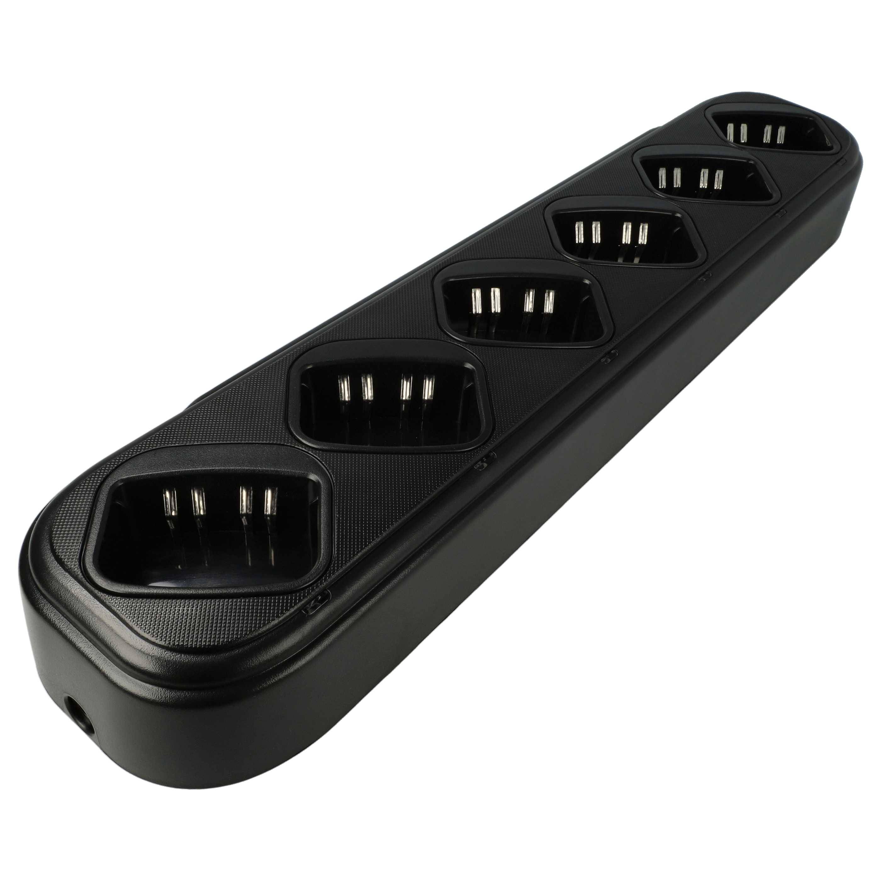 Ein schwarzes Sechs-Fach-Ladegerät mit sichtbaren Metallkontakten, das zum gleichzeitigen Laden mehrerer Batterien ausgelegt ist.