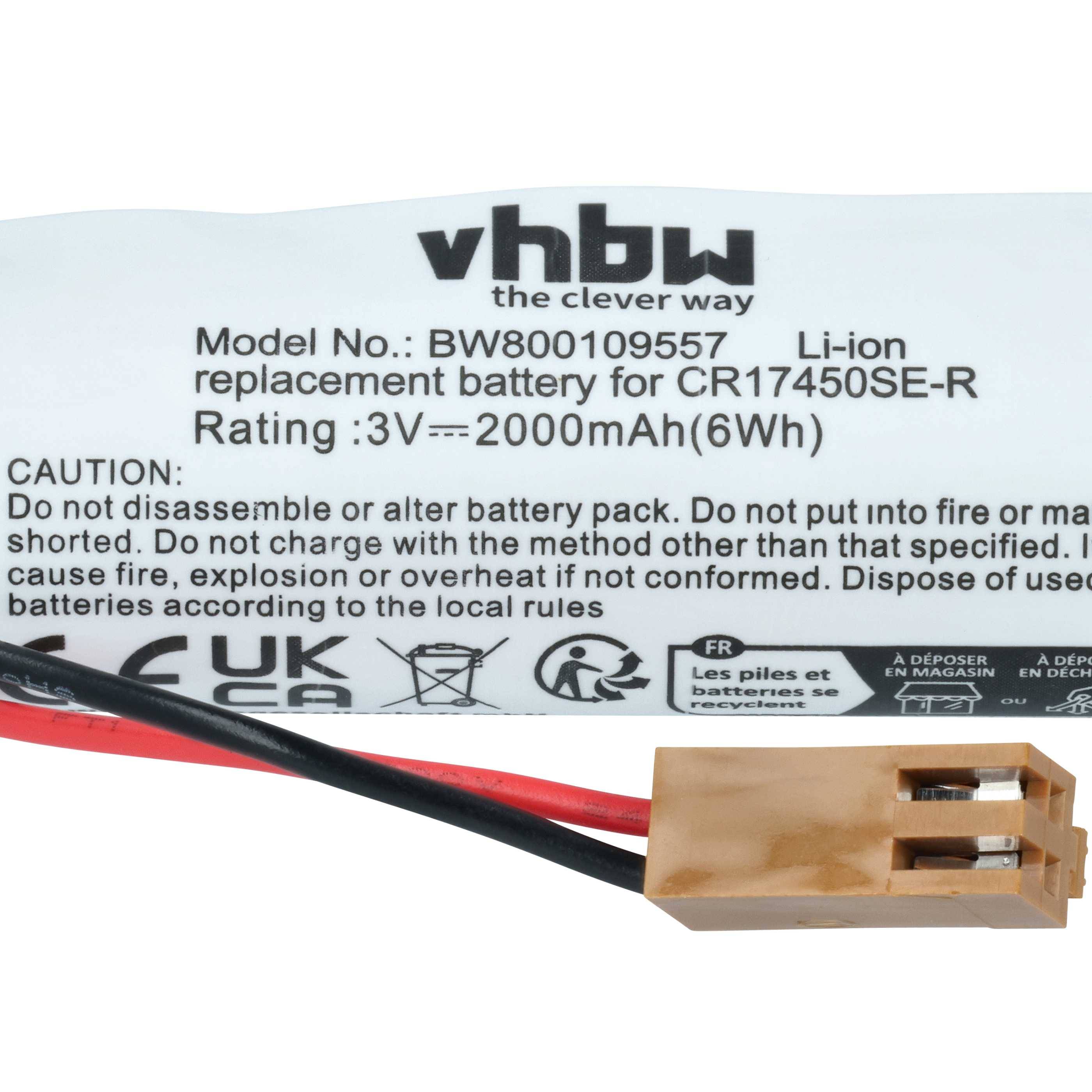 Batterieetikett mit Aufschrift 'vhbw, der clevere Weg' und 'Modell-Nr.: BW800109557 für CR17450SE-R'. Es handelt sich um eine 3V, 2000mAh (6Wh) Li-Ion-Batterie.