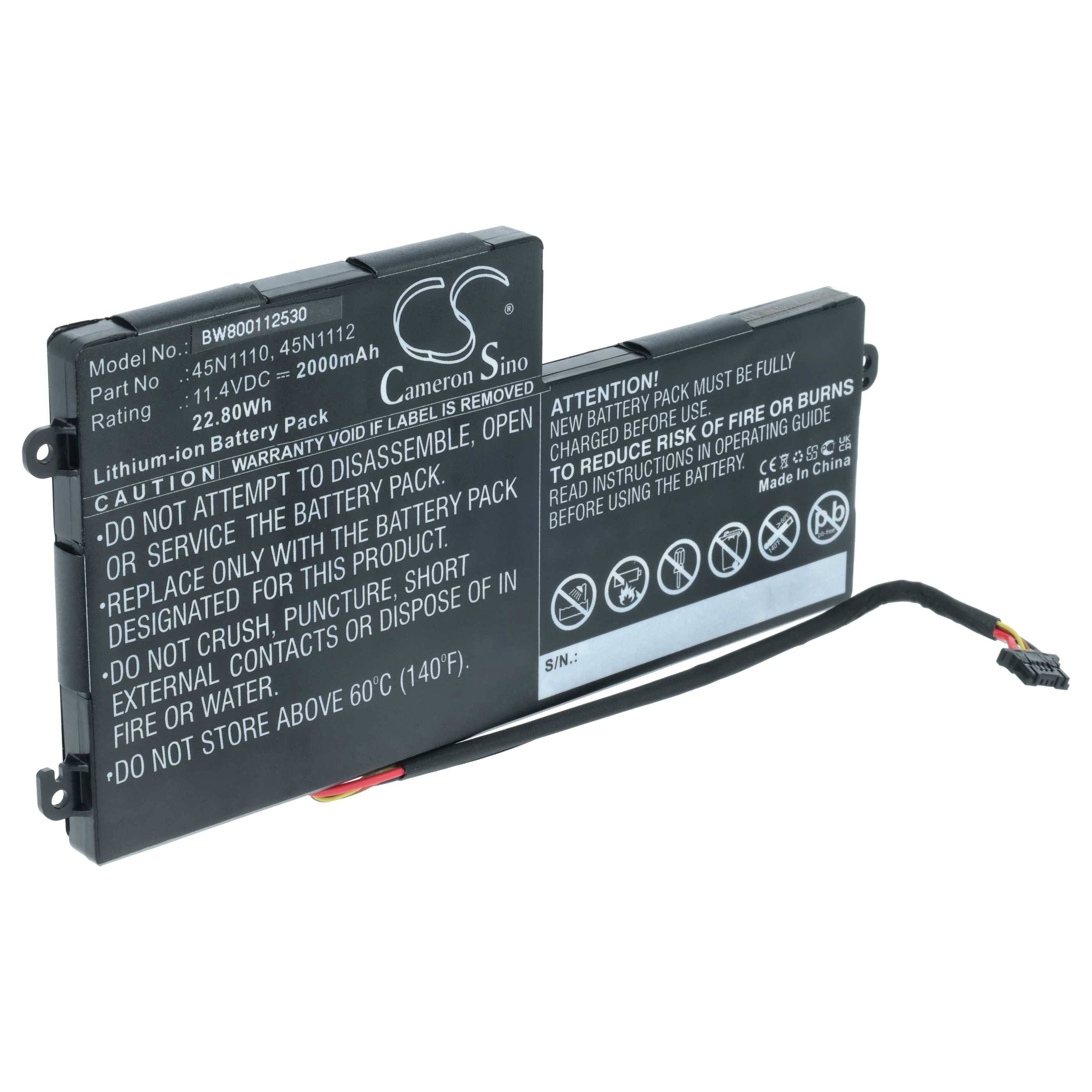 Ein Laptop-Akku mit Etiketten, die das Modell 'BW800112530', die Spannung '11,1V' und die Kapazität '2000mAh' beschreiben. Enthält Sicherheitswarnungen und Bedienungshinweise.