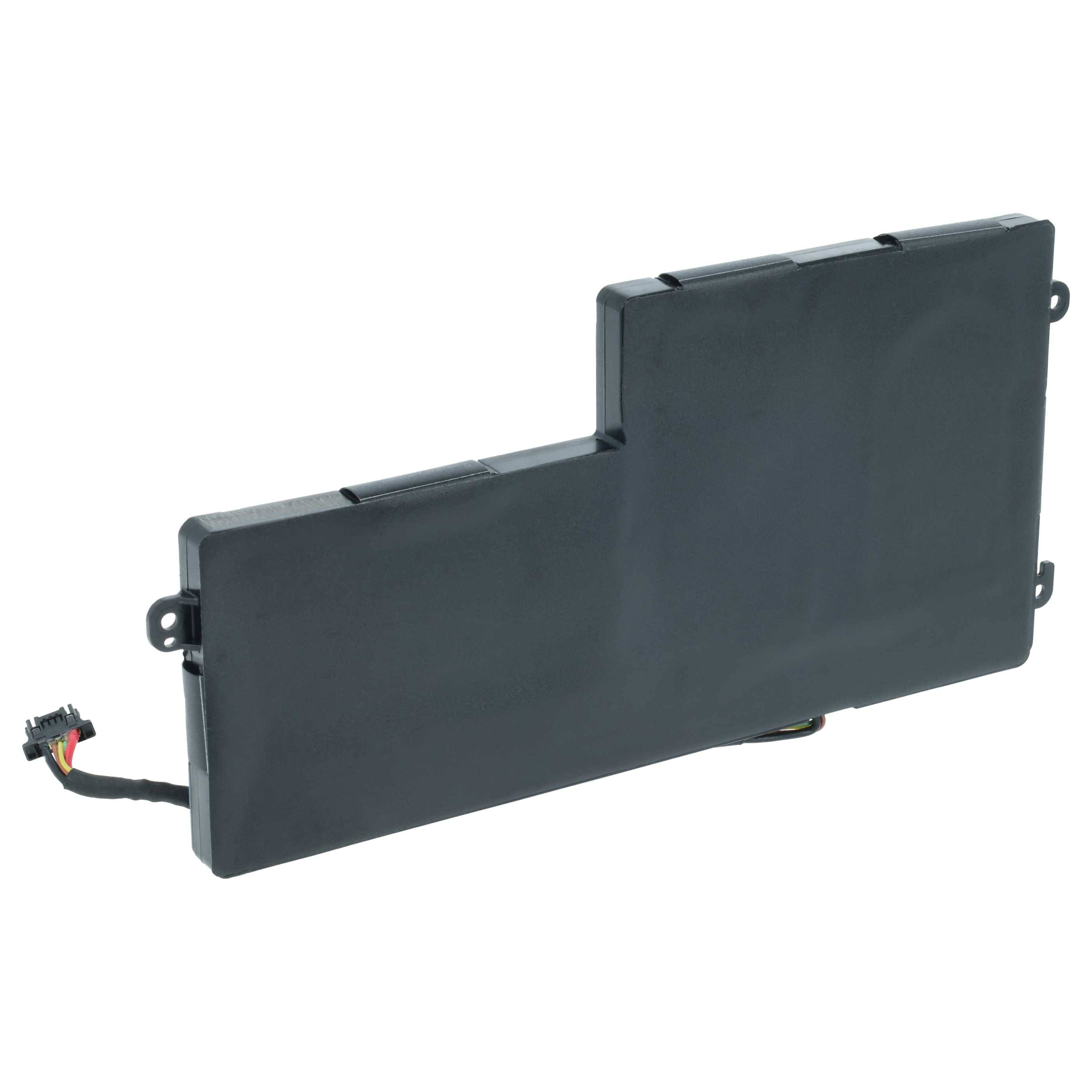 Eine rechteckige Laptop-Batterie mit sichtbaren Kabeln, konzipiert für ein internes Fach. Schwarzes Gehäuse mit einem Anschluss-Stecker an einem kurzen Kabel.