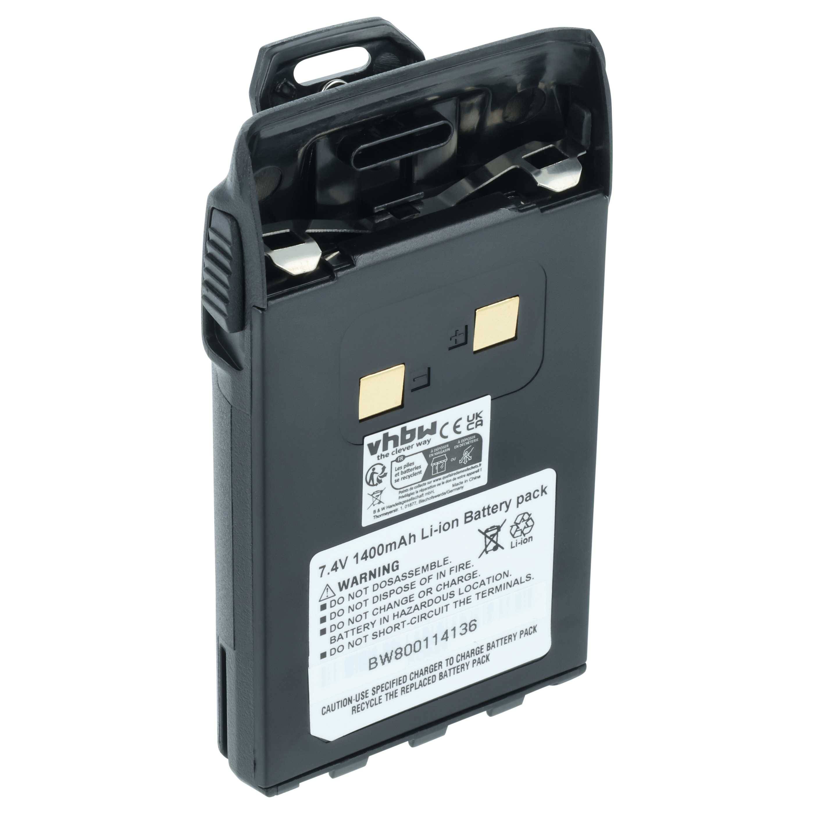 Akkupack mit vhbw-Logo, zeigt Etikett mit Spezifikationen: 7,4V, 1400mAh Lithium-Ionen. Enthält Sicherheitswarnungen und Produktcode.