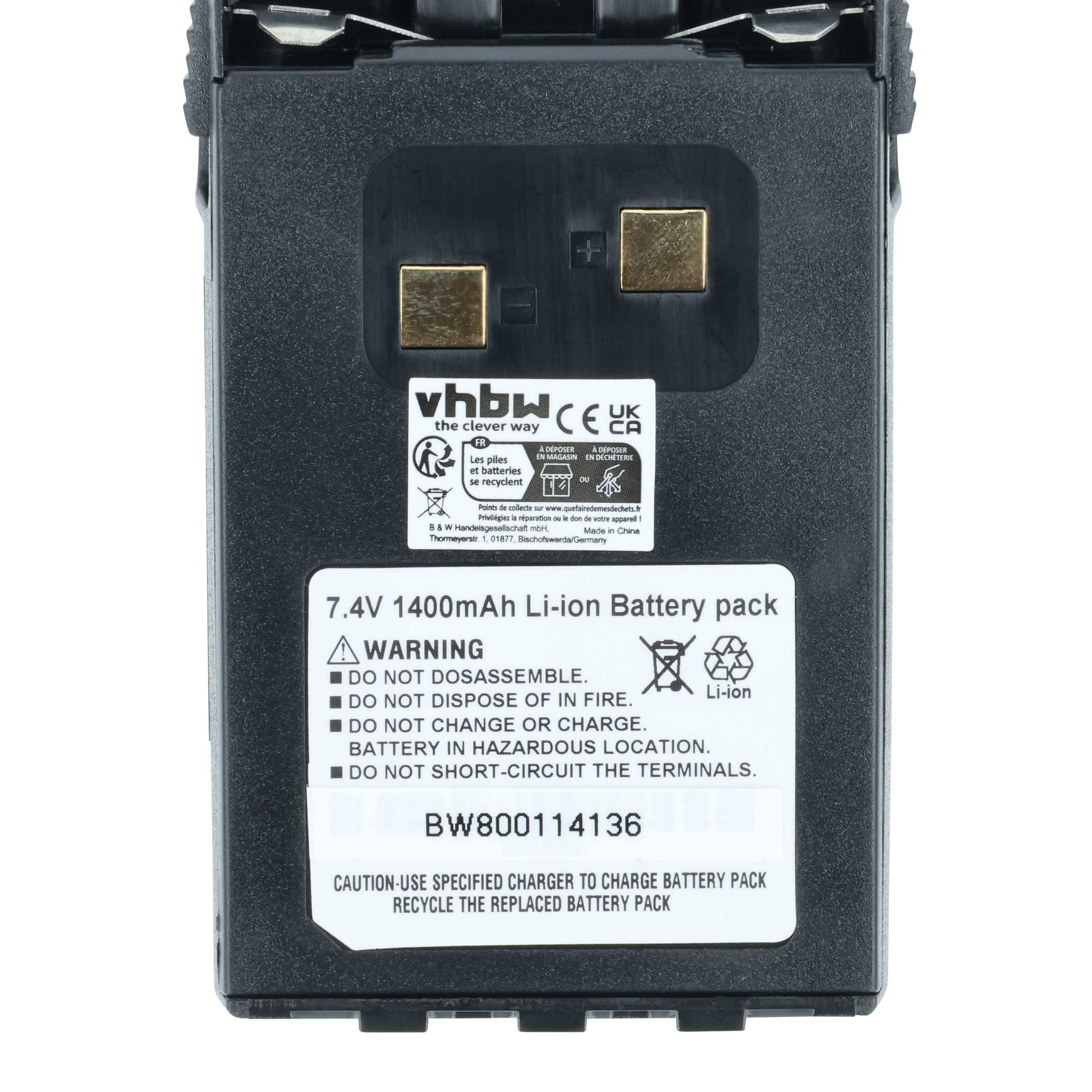 Vhbw 7,4V 1400mAh Lithium-Ionen-Akkupack mit Warnhinweisen: Nicht zerlegen, kurzschließen oder hohen Temperaturen aussetzen.